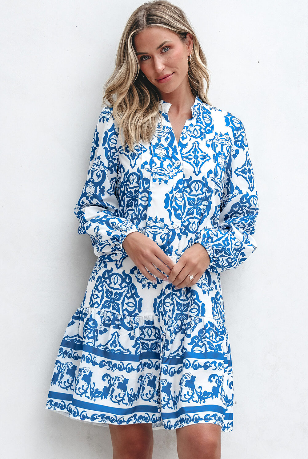 Sky Blue Tribal Print Button Up Notch Neck Loose Mini Dress