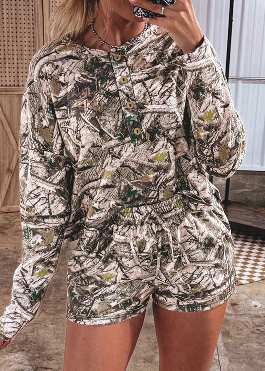 Brown Camo Long Sleeve Top Elastic Waist Shorts Two Piece Set