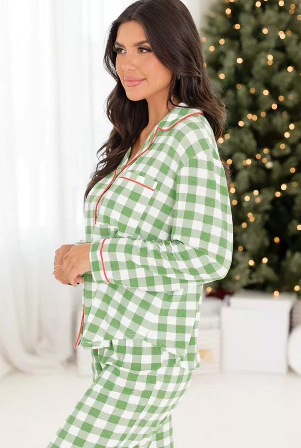 Light Green Christmas Plaid Print Shirt and Pants Pajama Set
