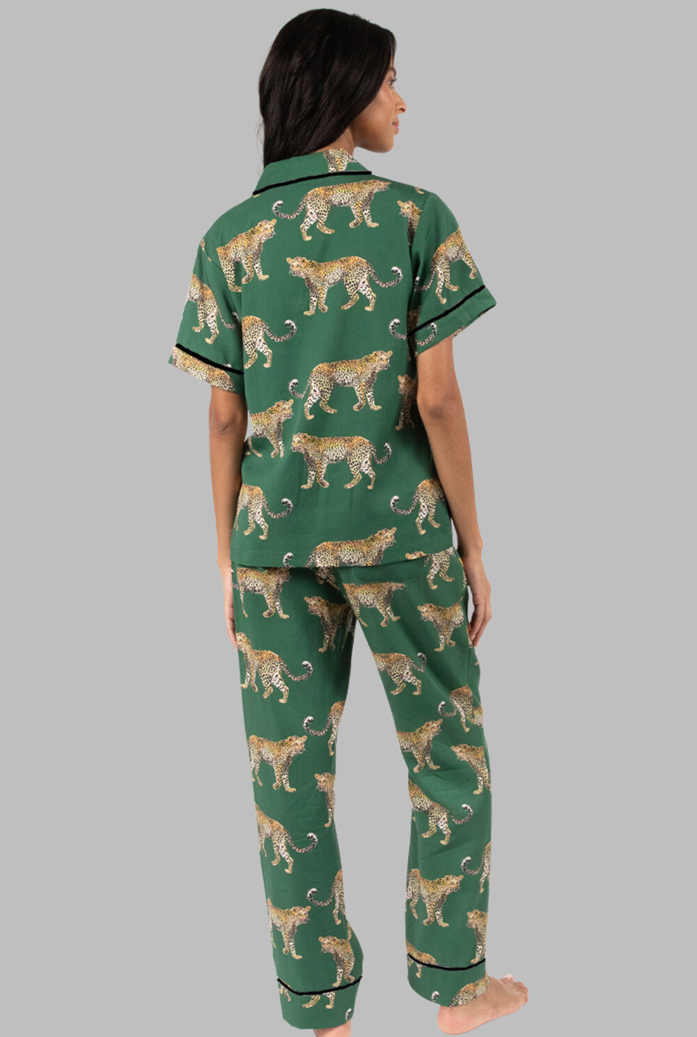 Green Cheetah Print Short Sleeve Shirt and Pants Pajama Set