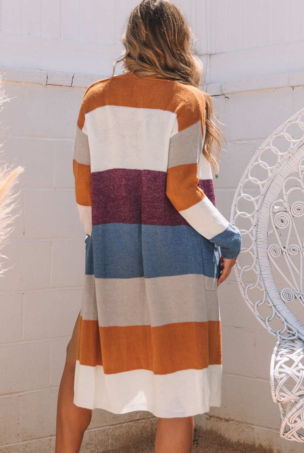Multicolor Colorblock Open Front Long Knit Cardigan