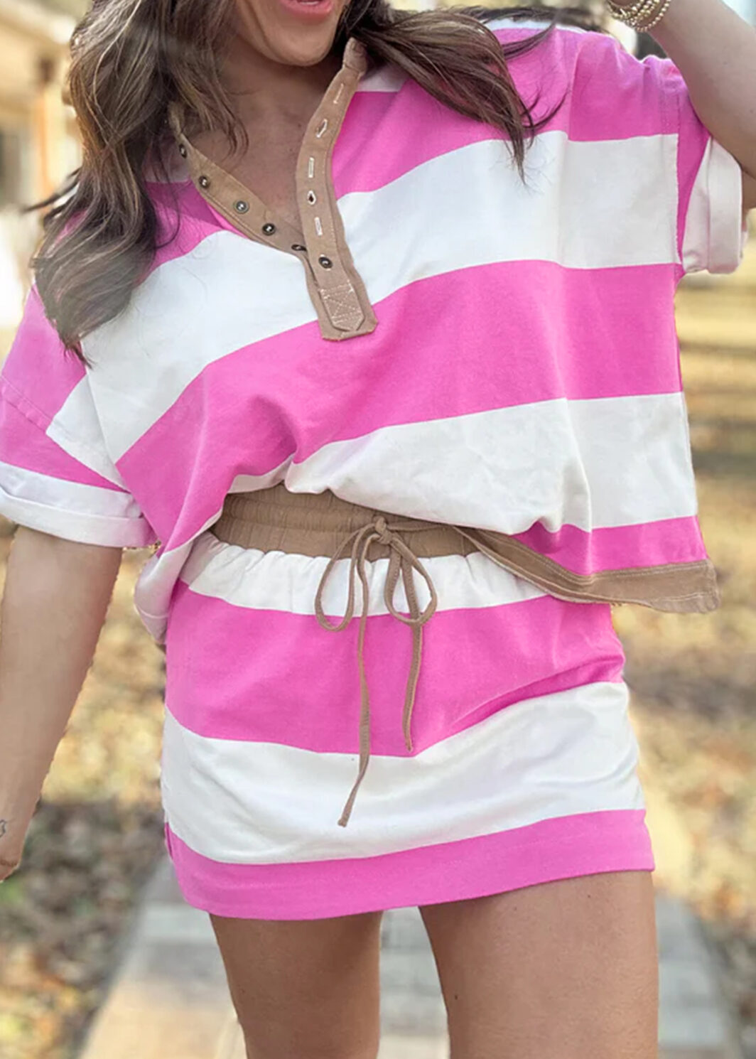 Rose Stripe Colorblock Trim Polo Tee Drawstring Mini Skirt 2pcs Set