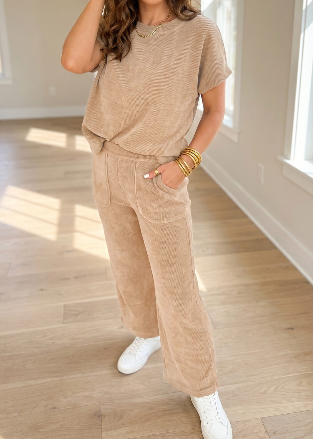 Light French Beige Solid Color Short Sleeve Ribbed Top Casual Pants 2pcs Set