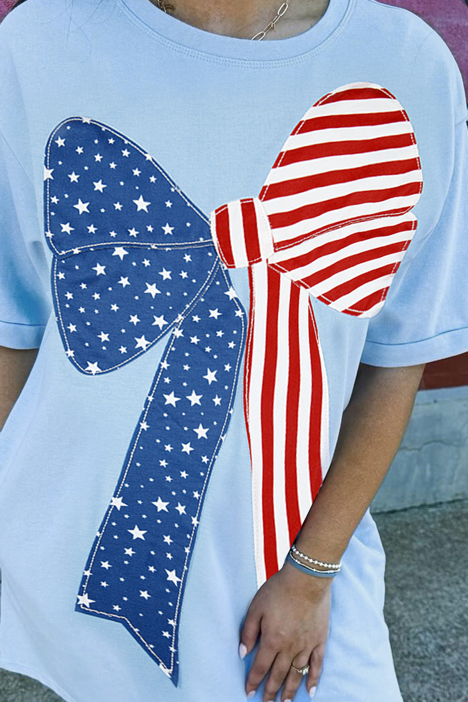 Beau Blue Patriotic Big Bow Stitched T Shift Mini Dress