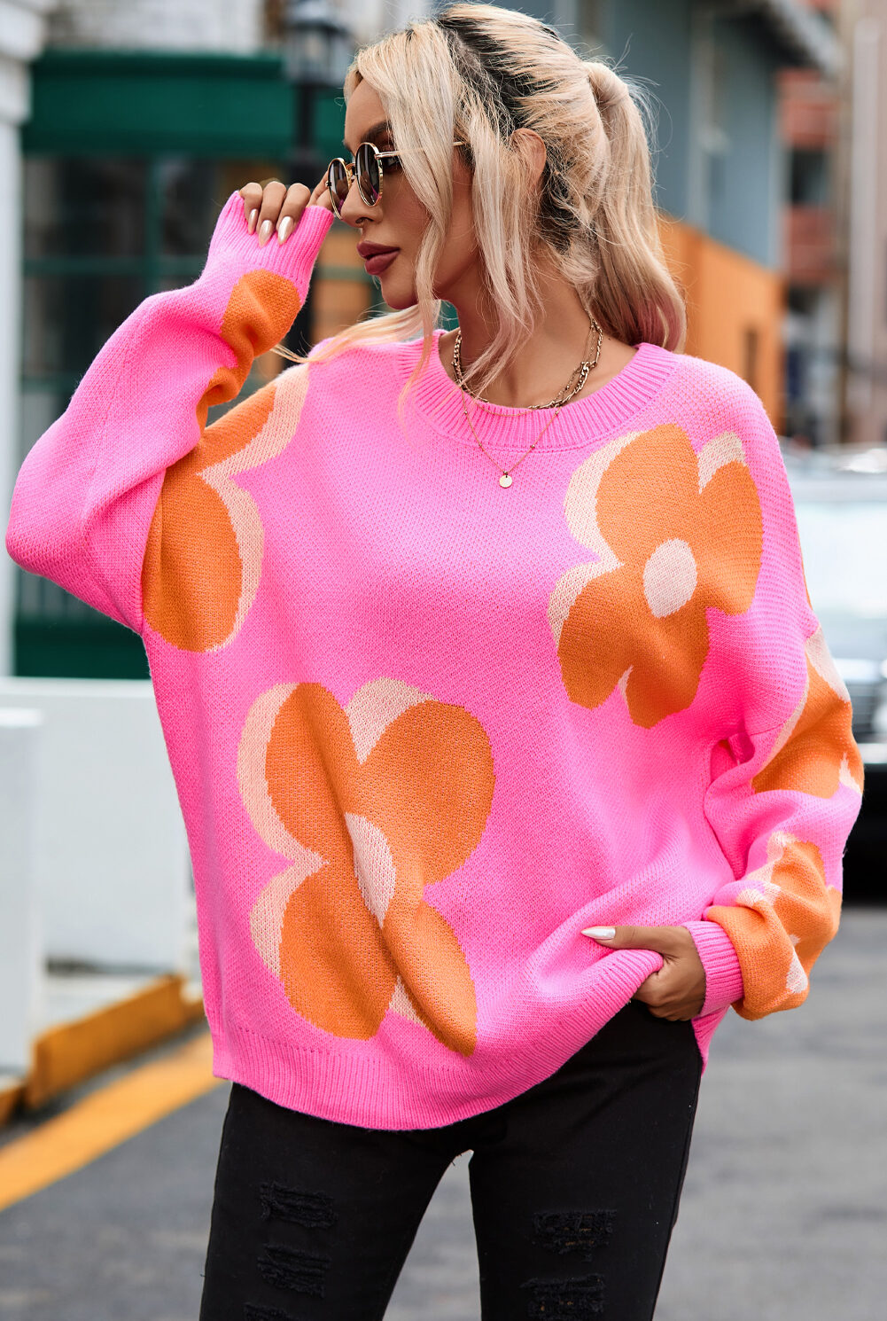 Flower Pattern Slouchy Sweater
