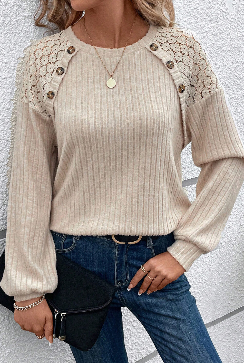 Parchment Contrast Lace Raglan Sleeve Buttoned Ribbed Top