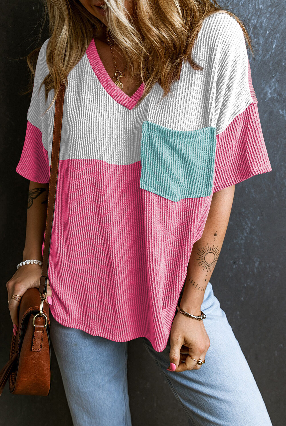 Rose Red Color Block Patch Pocket Corded V Neck Tee
