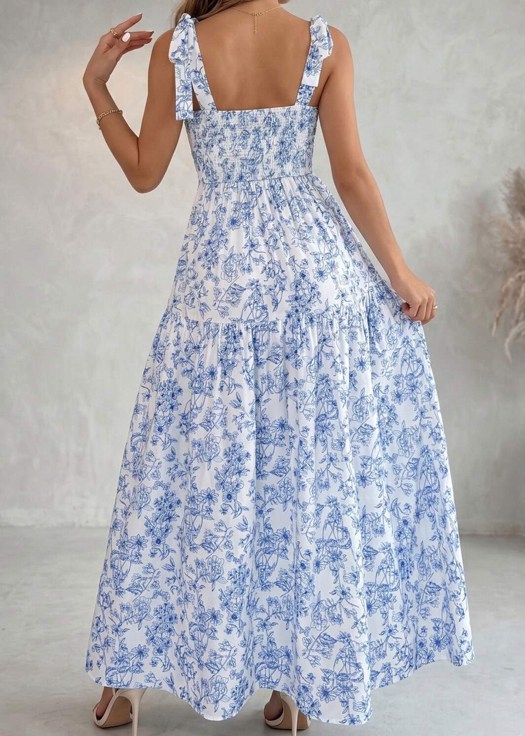 Sky Blue Floral Print Knot Straps High Waist Flared Maxi Dress