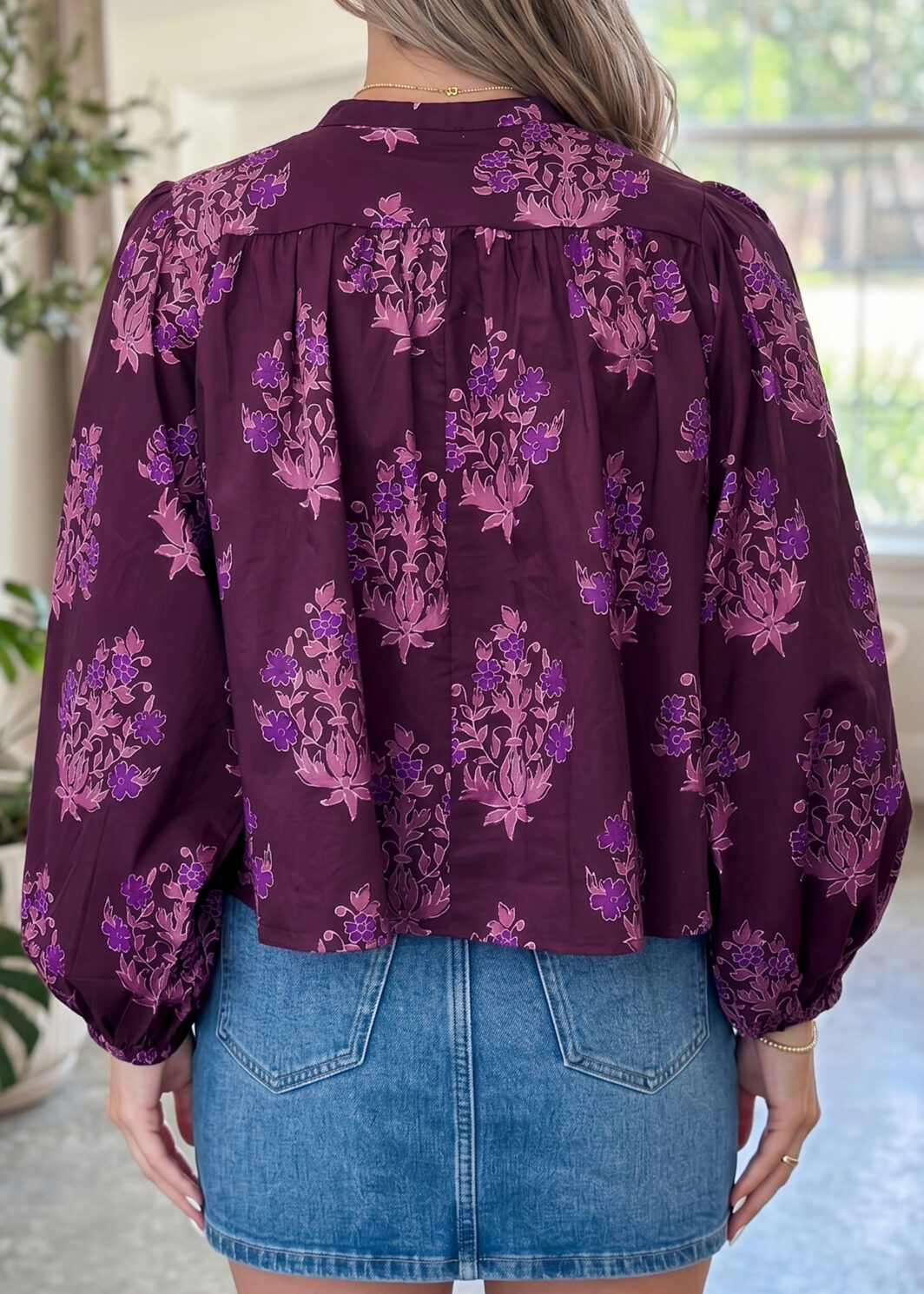Purple Floral Print Button Front Long Puff Sleeve Shirt