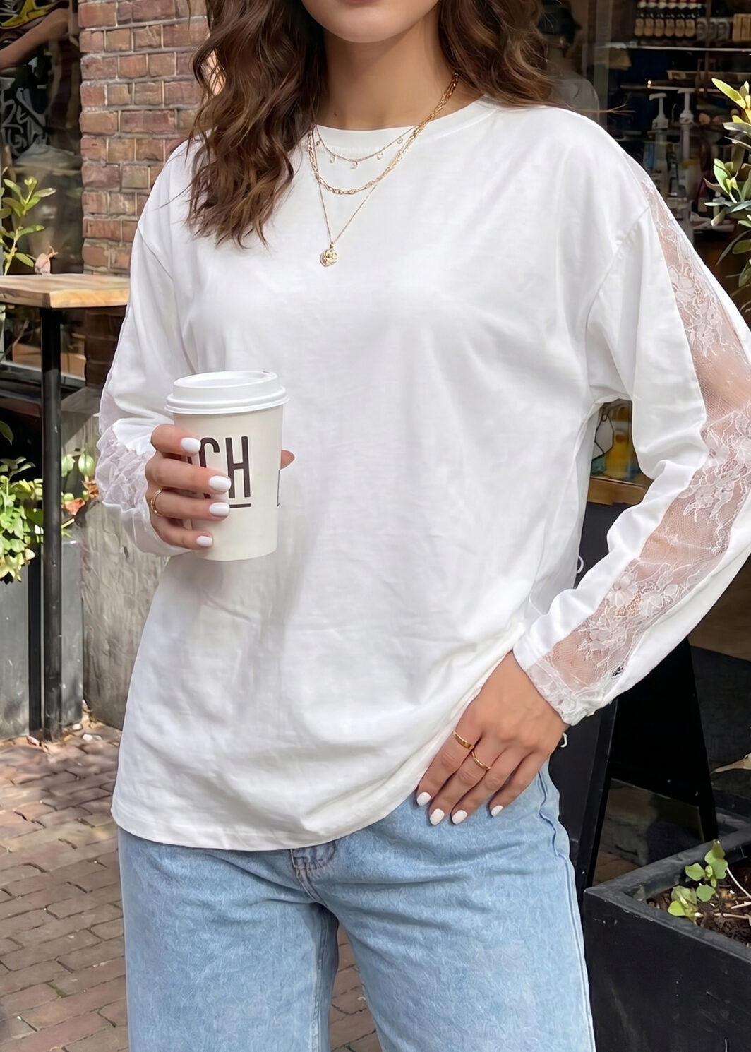 White Lace Patchwork Round Neck Long Sleeve Top
