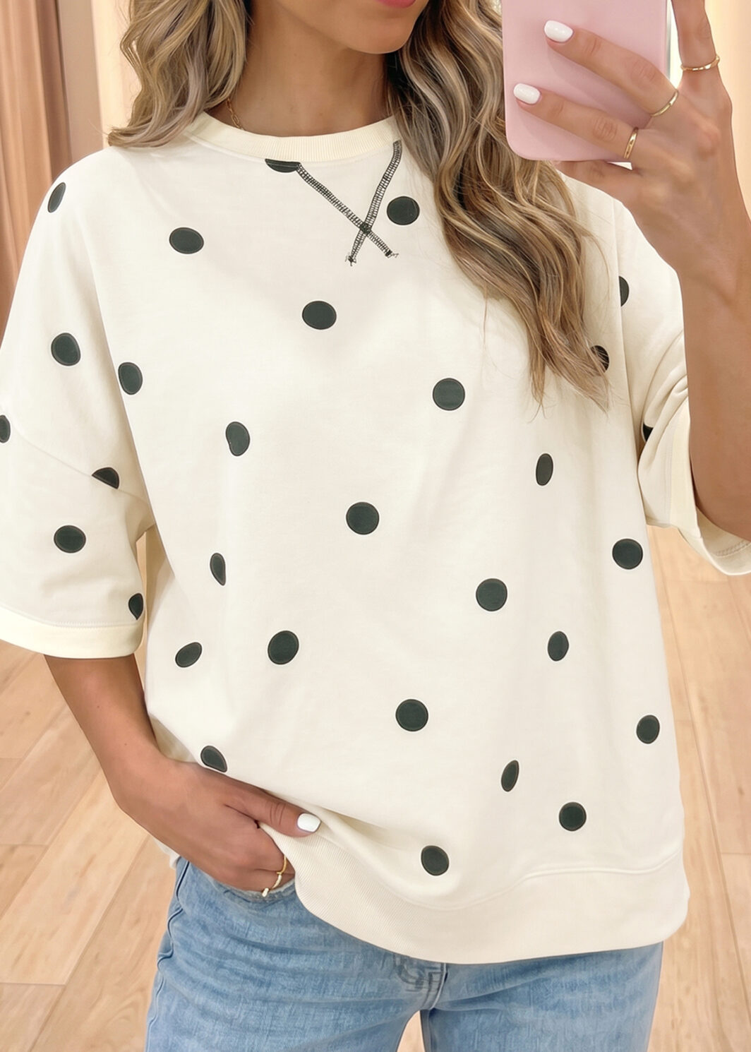 Beige Polka Dot Print Crossed Seam Detail Oversize Tee