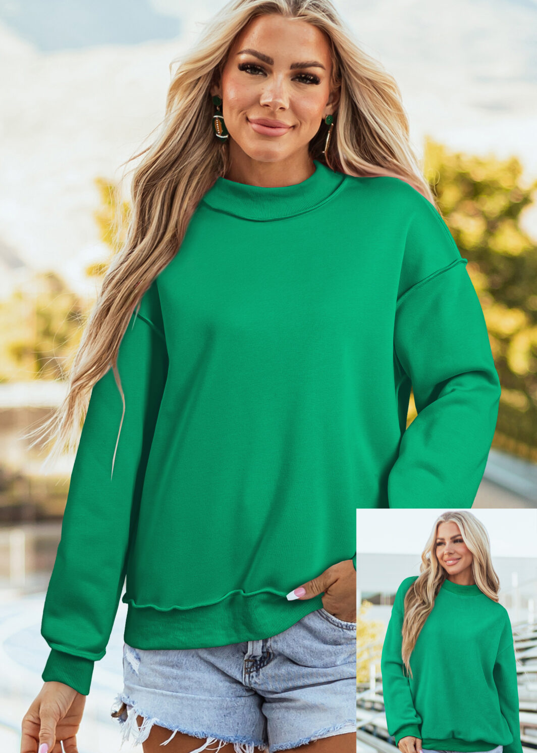 Bright Green Oversize Drop Shoulder Reversible Mock Neck Sweatshirt