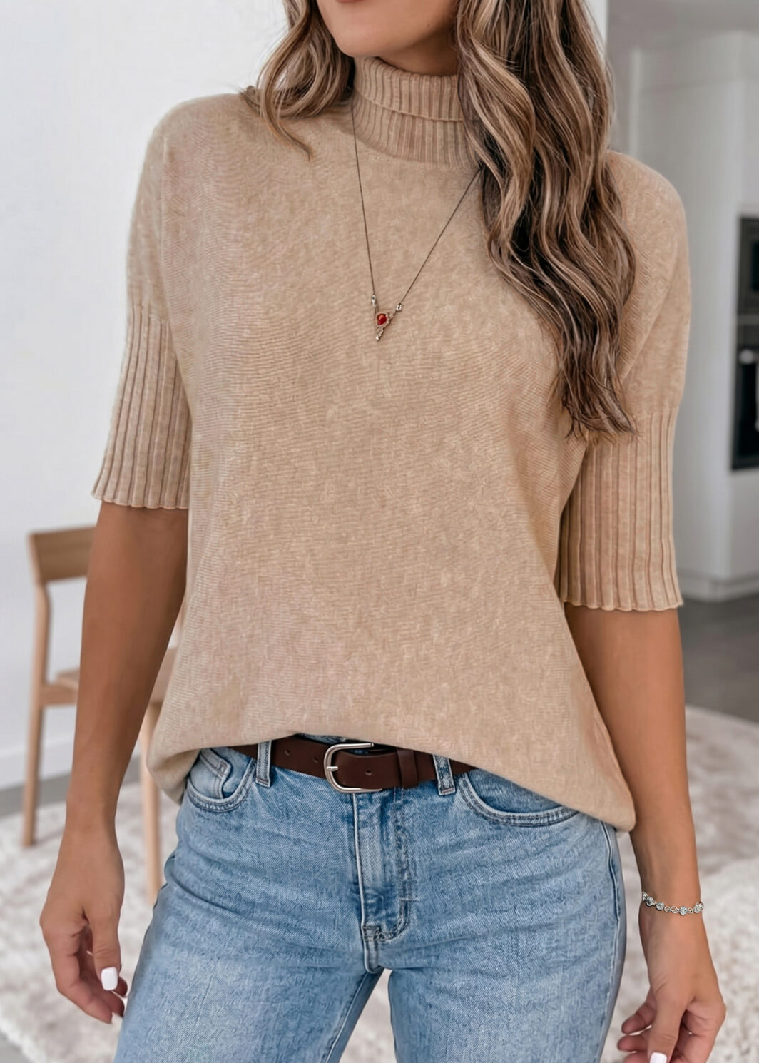 Beige Ribbed Trim High Neck Short Sleeve Casual Sweater