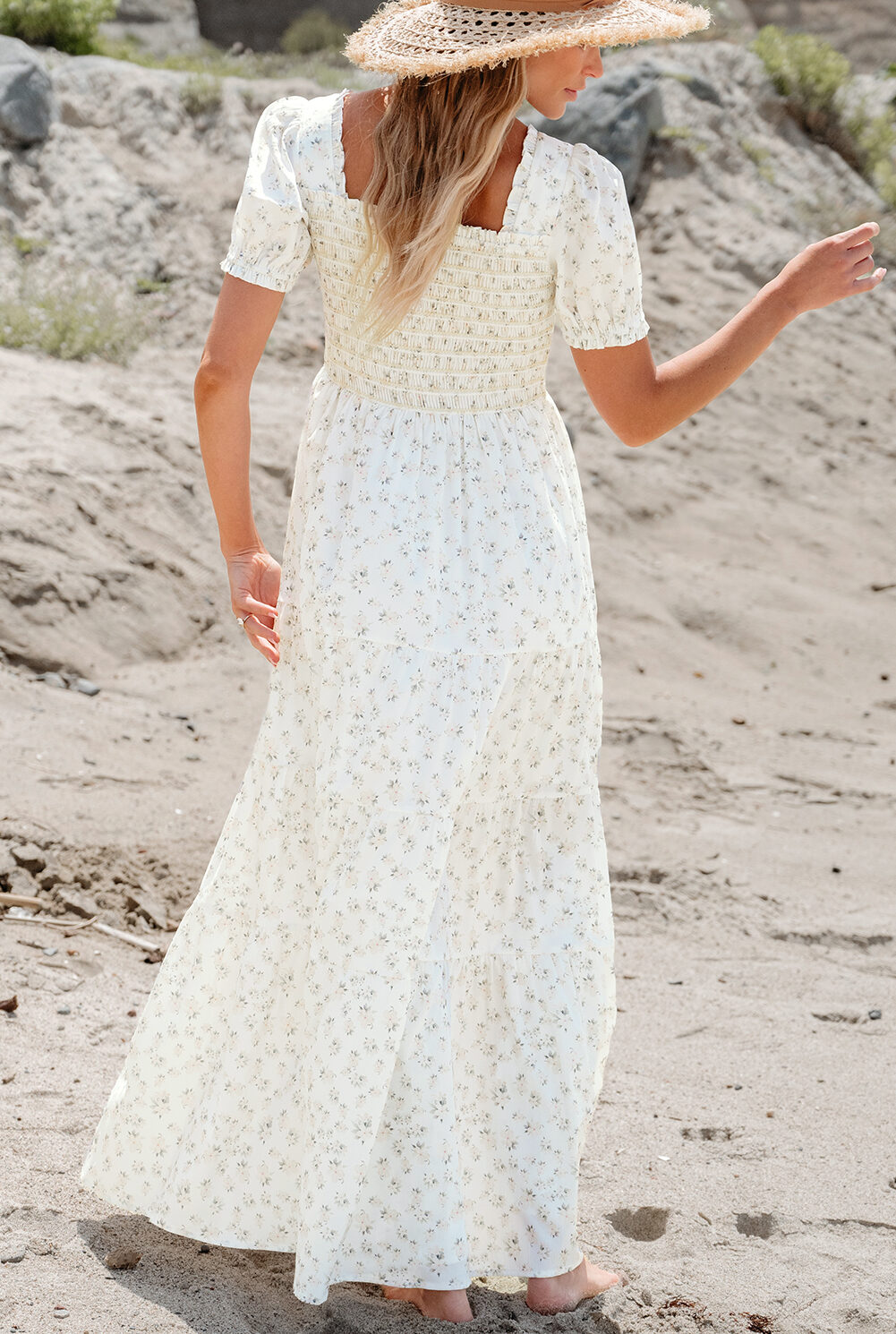 White Frilly Shirred Bodice Tiered Floral Maxi Dress