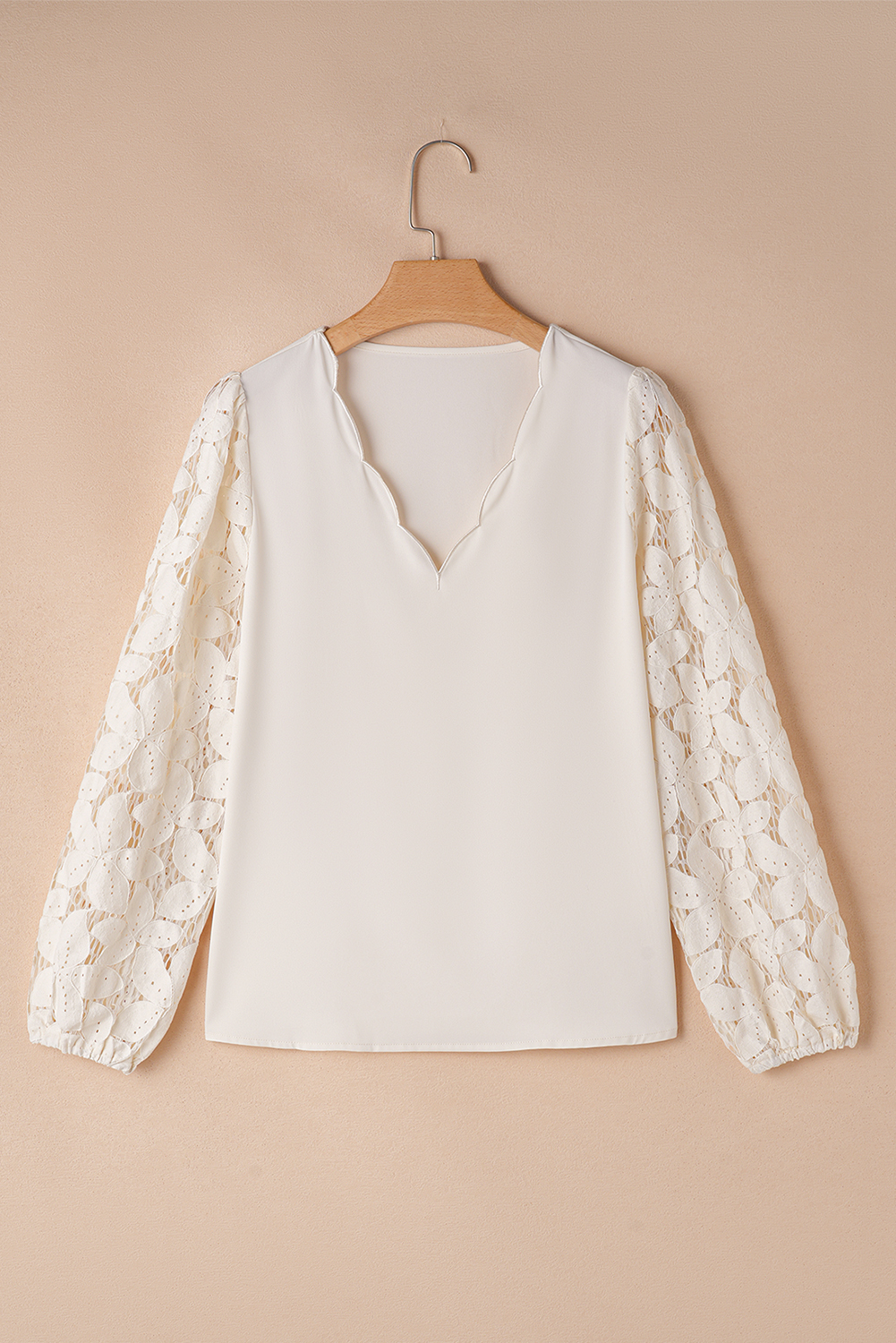 White Scalloped V Neckline Lace Hollowed Lantern Sleeve Blouse
