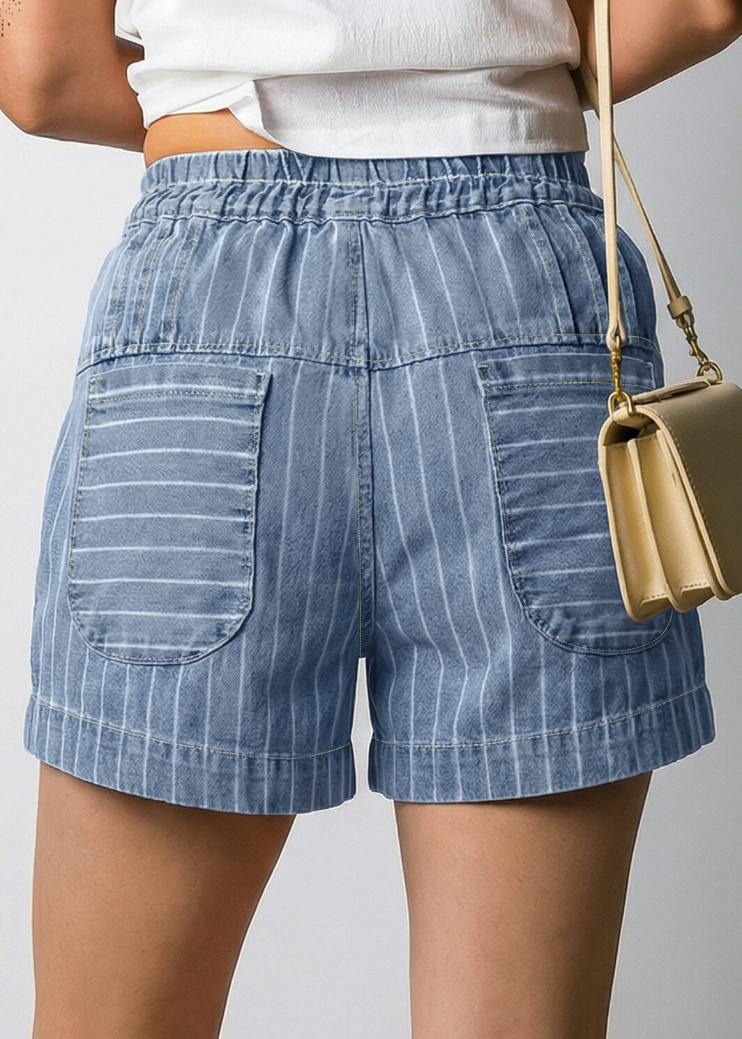 Sky Blue Stripe Drawstring Button Pleated High Waist Denim Shorts