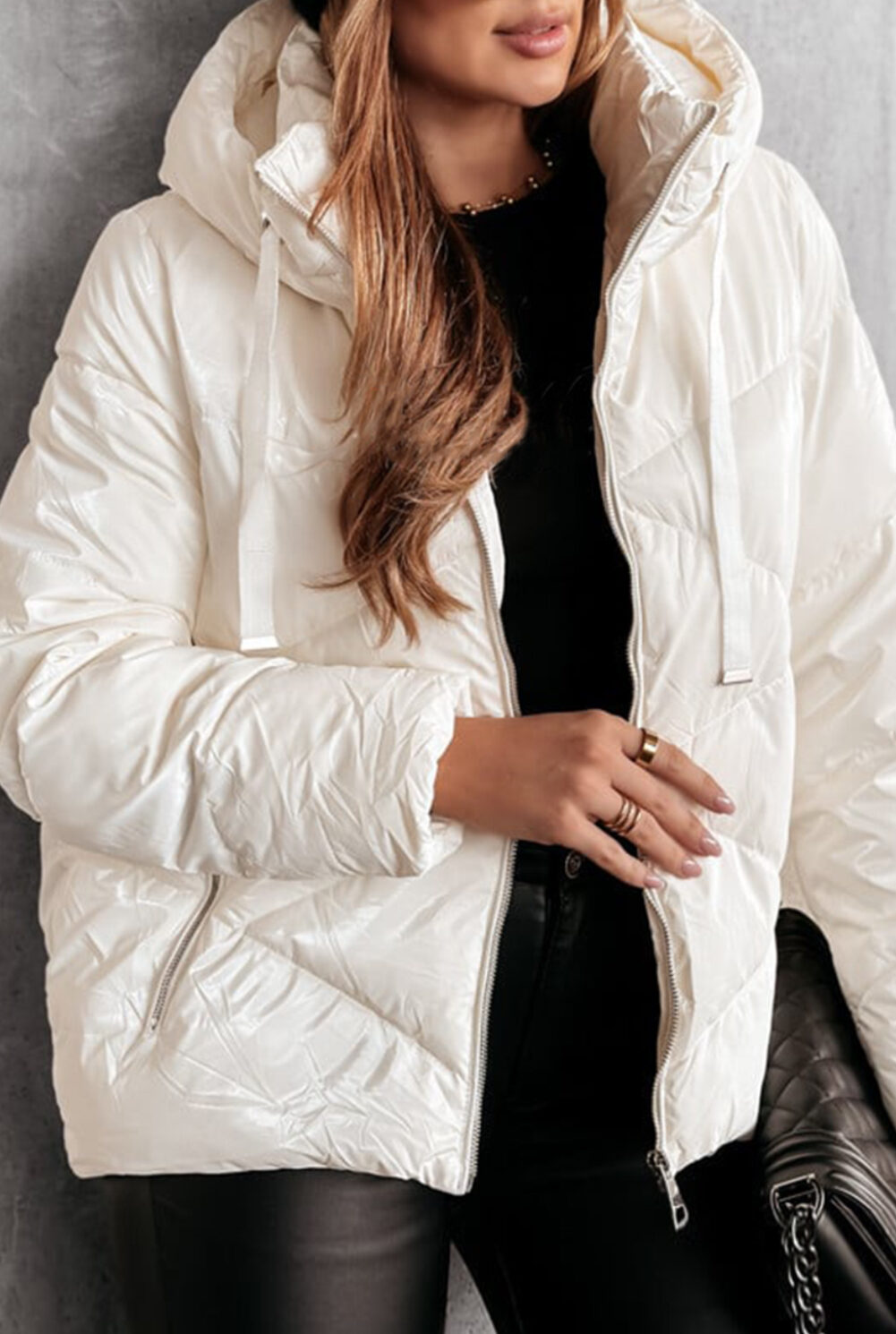 White Solid Quilted Hooded Zip Up Puffer Coat