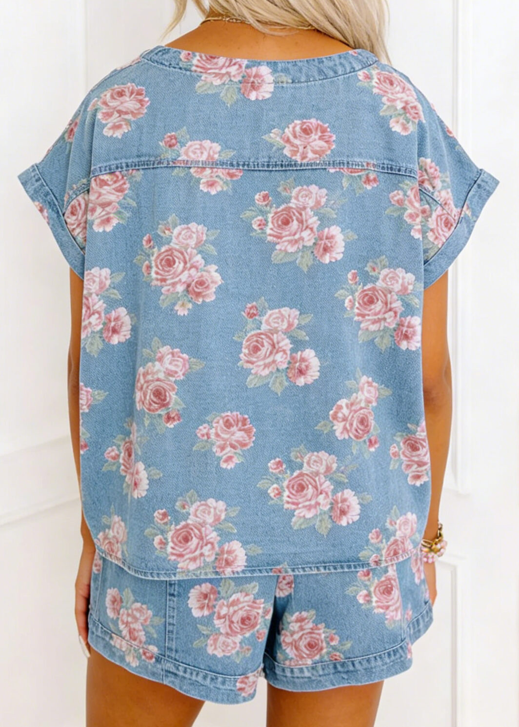 Sky Blue Floral Denim Short Sleeve Top Loose Shorts 2pcs Set