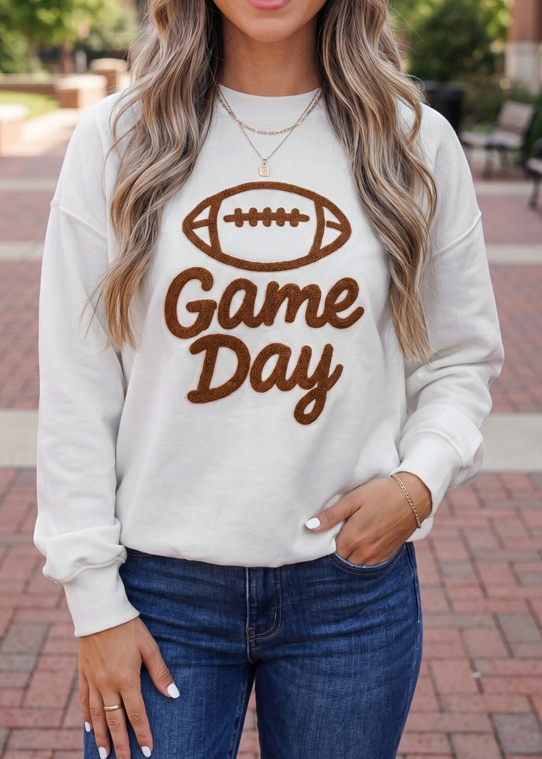 White Embroidered Slogan Game Day Rugby Pattern Crewneck Sweatshirt