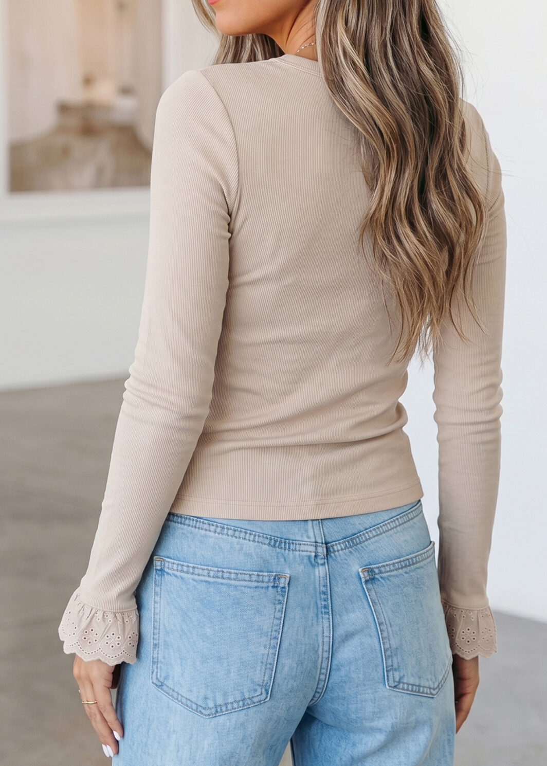 Jet Stream Lace Cuff Patchwork Round Neck Long Sleeve Top