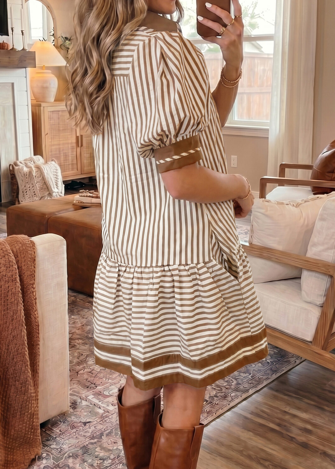 Brown Stripe Shirt Collar Color Block Patchwork Trim Ruffle Hem Short Dress