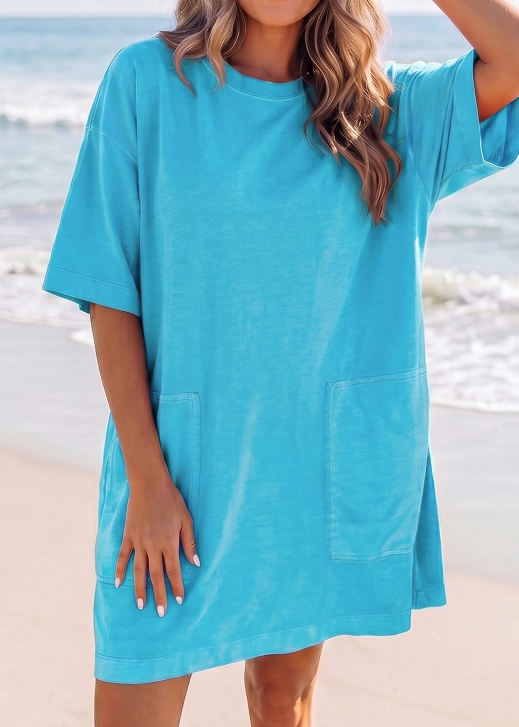 Light Blue Drop Shoulder Loose Casual T Shirt Mini Dress