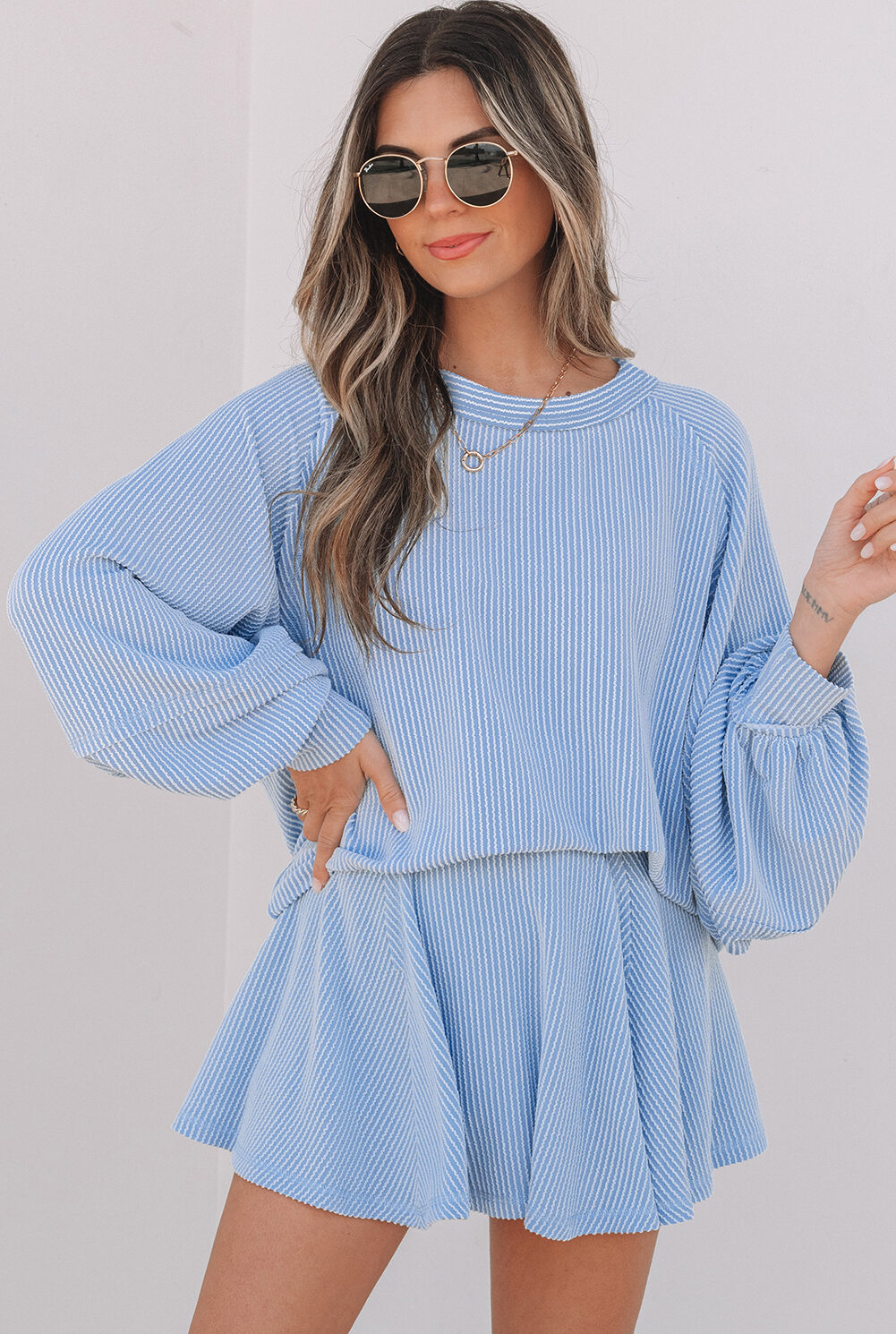 Sky Blue Corded Lantern Sleeve Top High Waist Ruffled Mini Skort Set