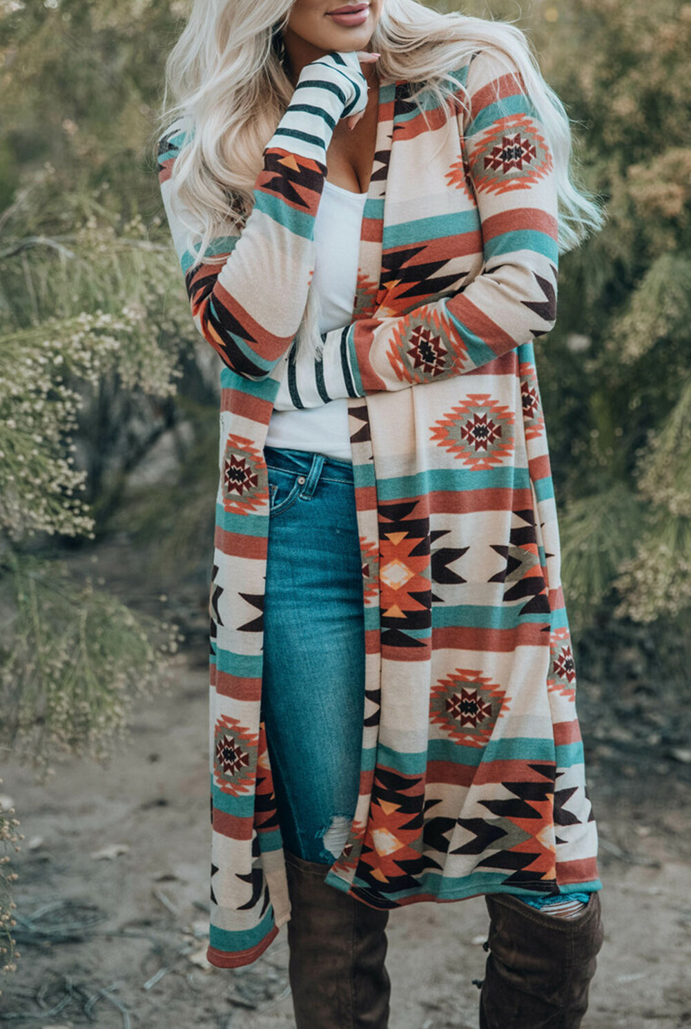 Multicolor Geometric Color Block Open Front Long Cardigan