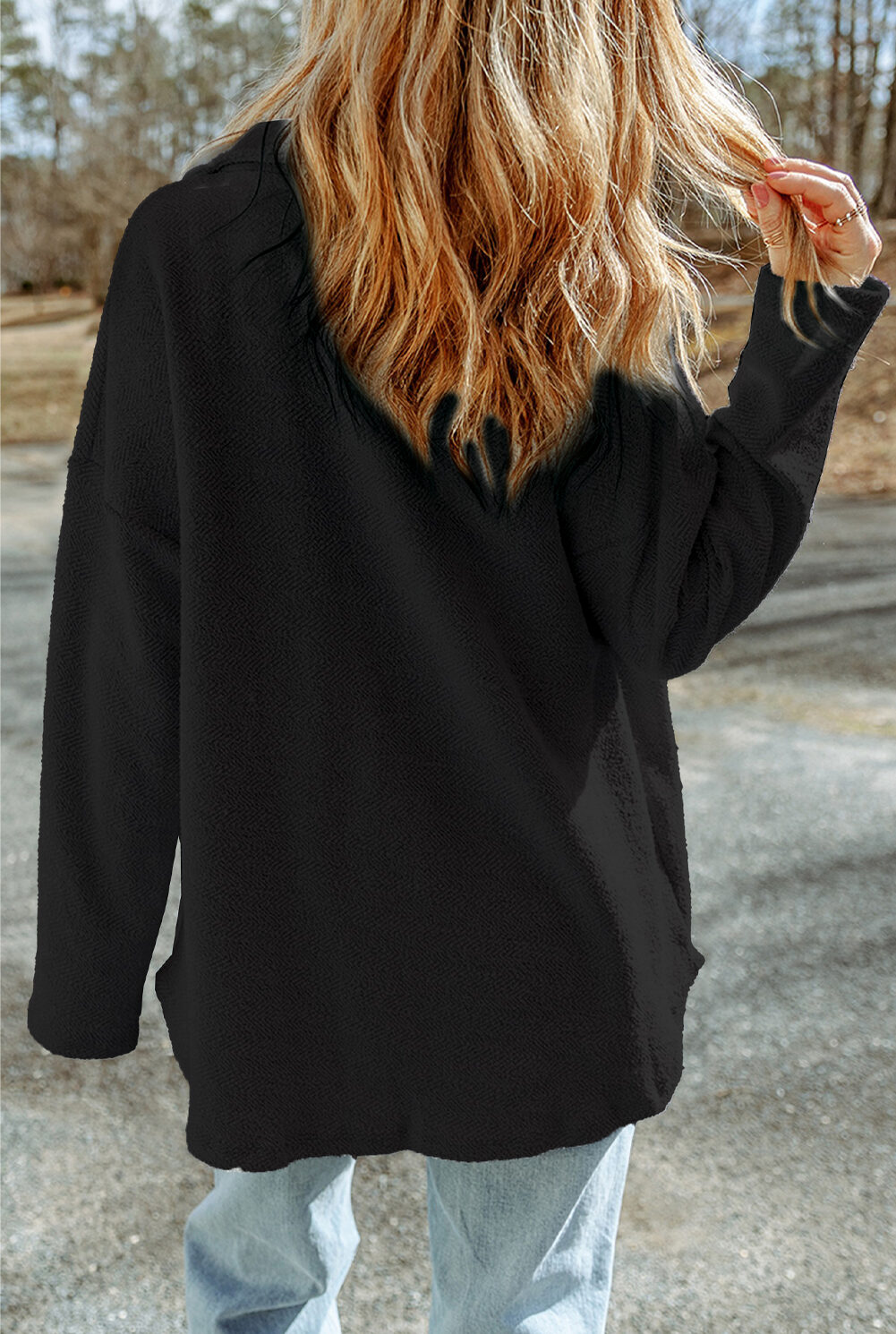 Black Contrast Flap Pockets Relaxed Shacket