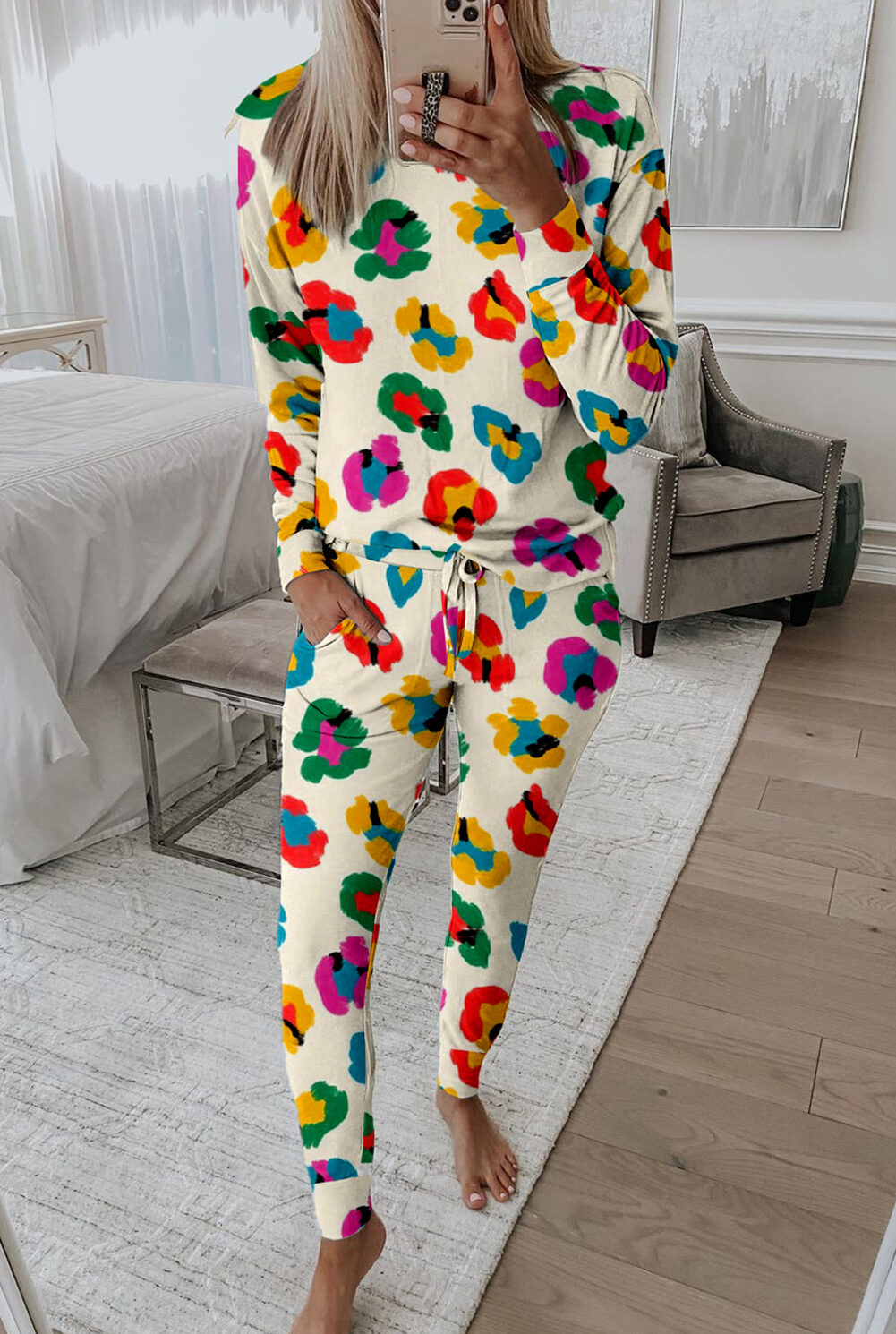 Apricot Leopard Print Long Sleeve Top and Skinny Pants Lounge Set