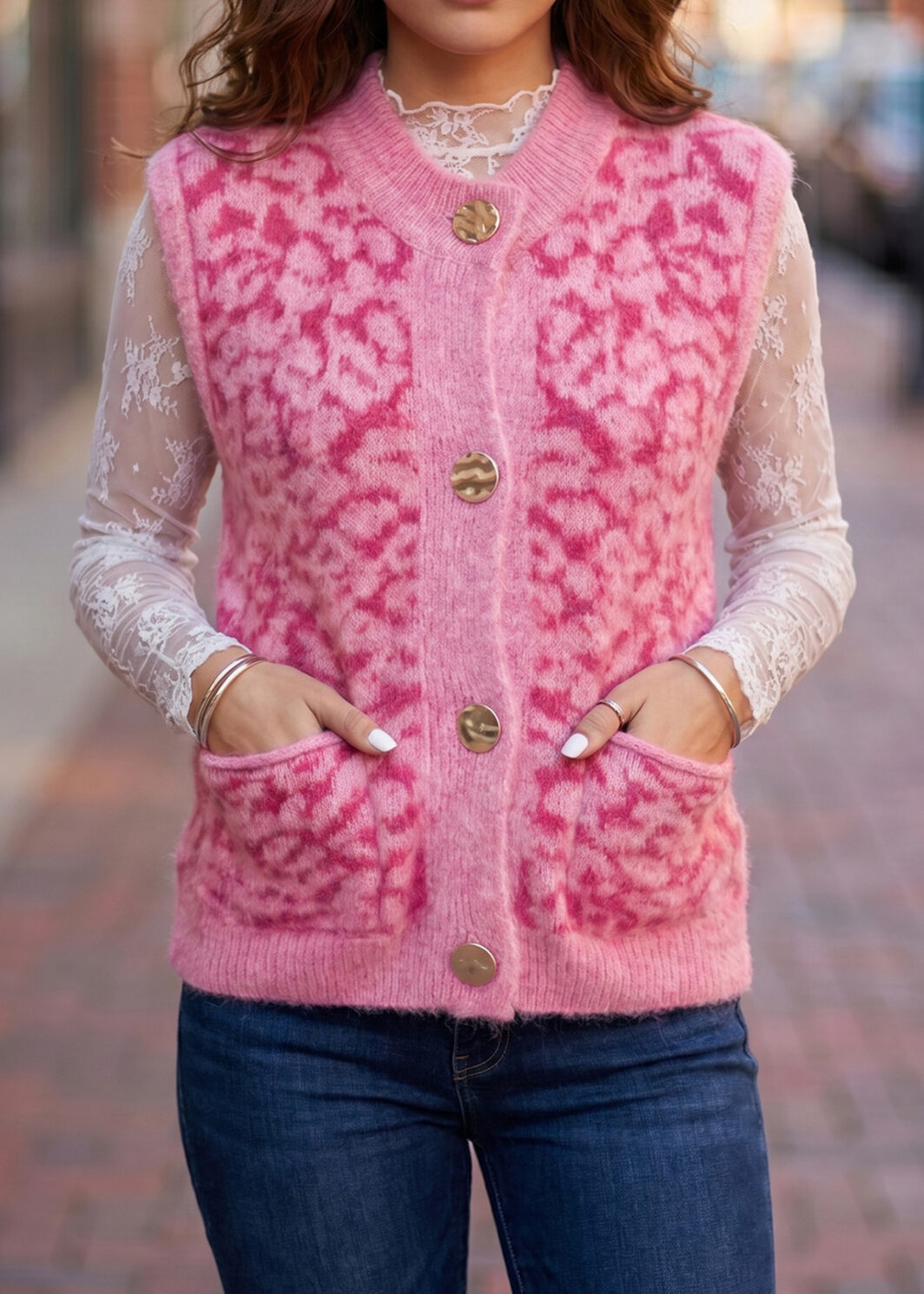 Pink Leopard Print Knit Sleeveless Regular Wash Sweater Vest
