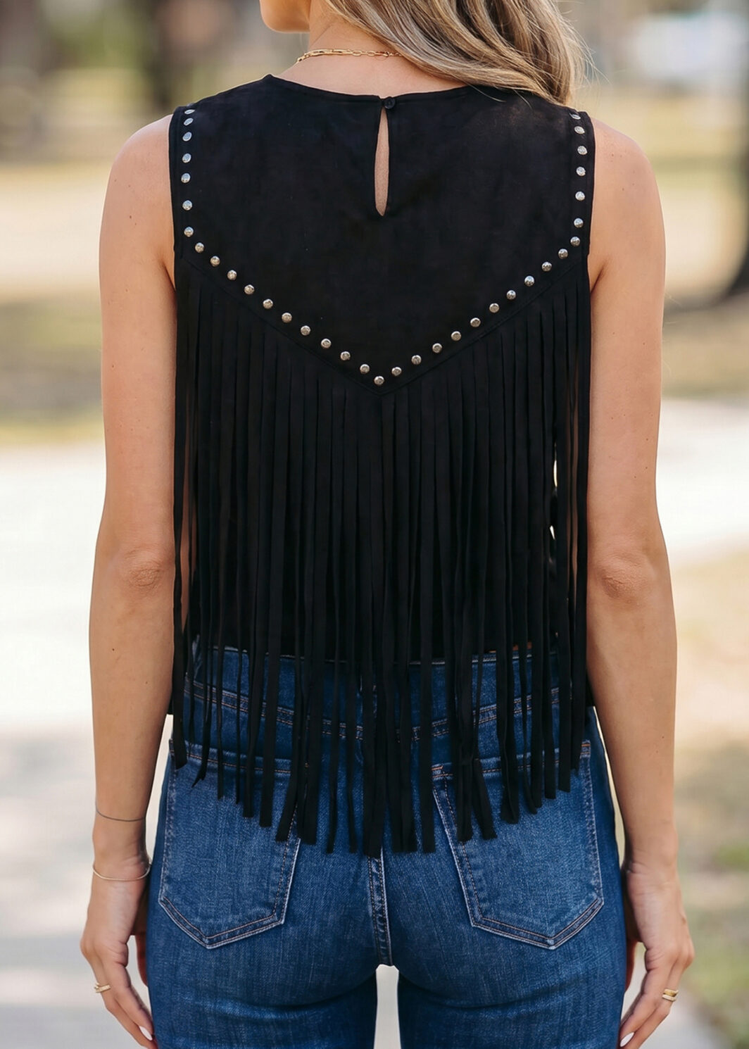 Black Western Fringe Rivet Paneling Bust Sleeveless Top