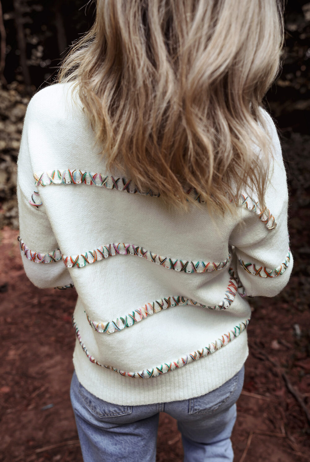 White Colorful Crossed Stitch Drop Shoulder Sweater