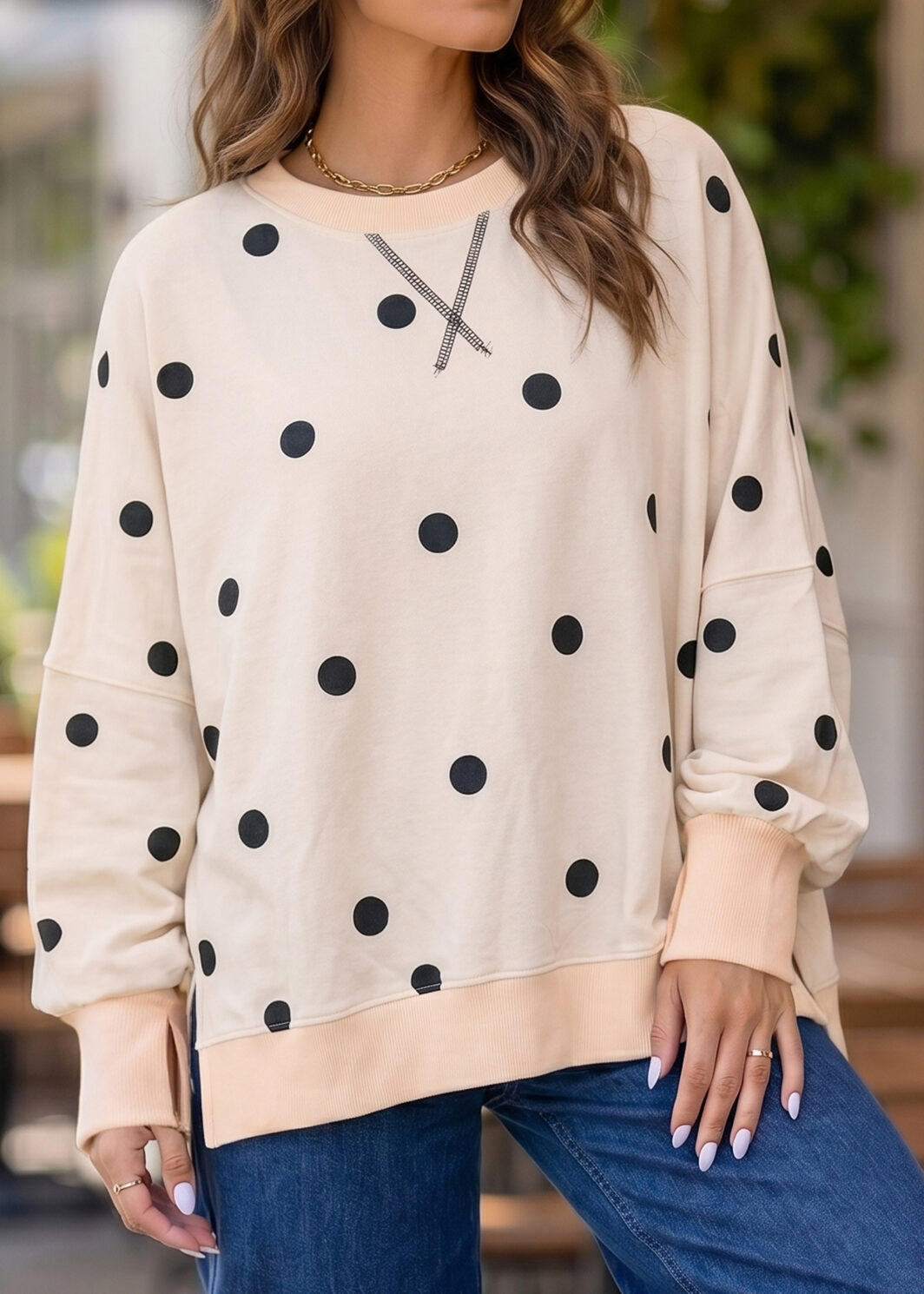 Beige Loose-fit Long Sleeve Round Neck Polka Dot Tunic Sweatshirt