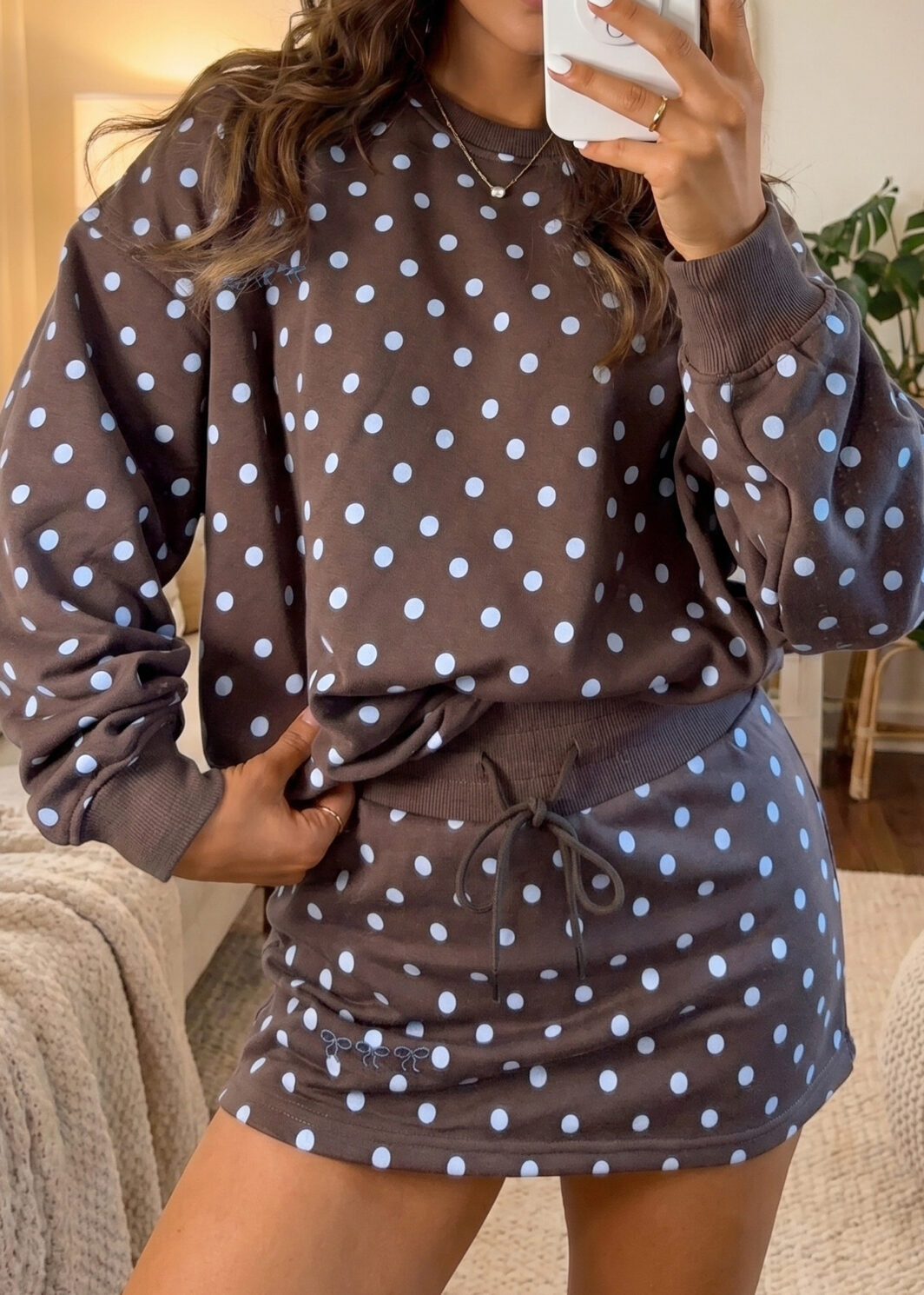 Brown Polka Dot Long Sleeve Pullover Embroidered Bow Detail 2pcs Skort Set
