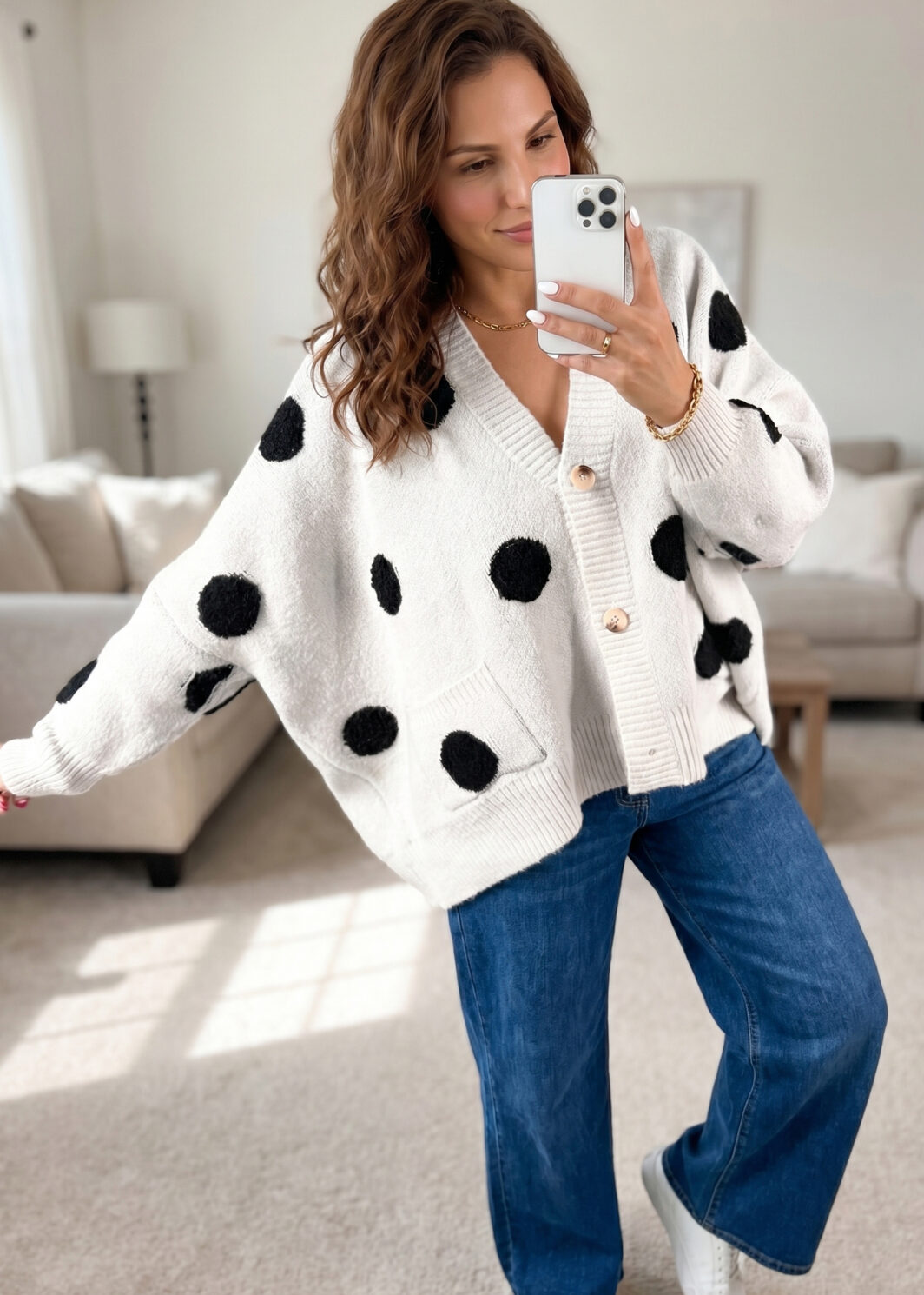 Beige Polka Dot Button Front Oversized V Neck Cardigan