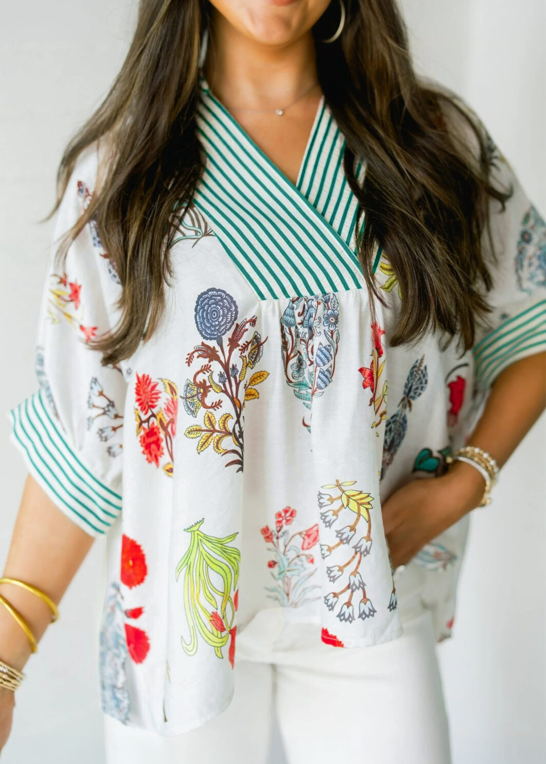 Beige Floral Print Striped Contrast Trim V Neck Half Sleeve Blouse