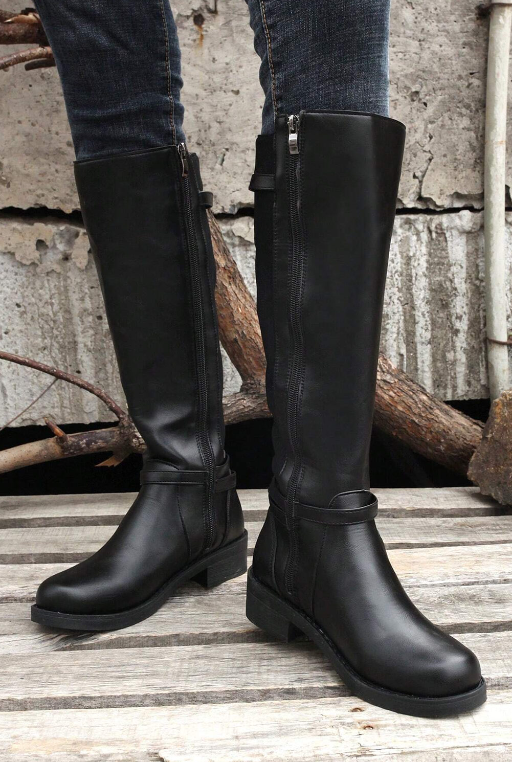 Black Side Zipper Knee High Chunky Low Heel Boots