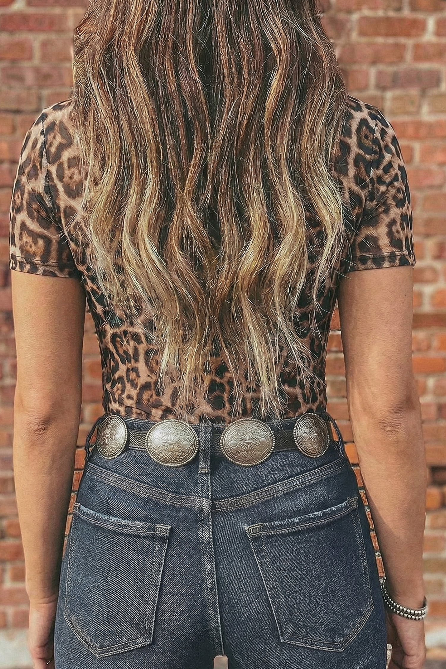 Camel Leopard Printed Mesh Short Sleeve Top