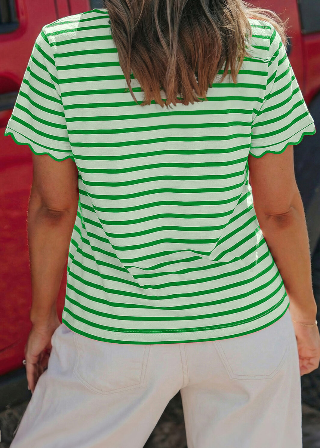 Green Stripe Scalloped Trim Round Neck T Shirt