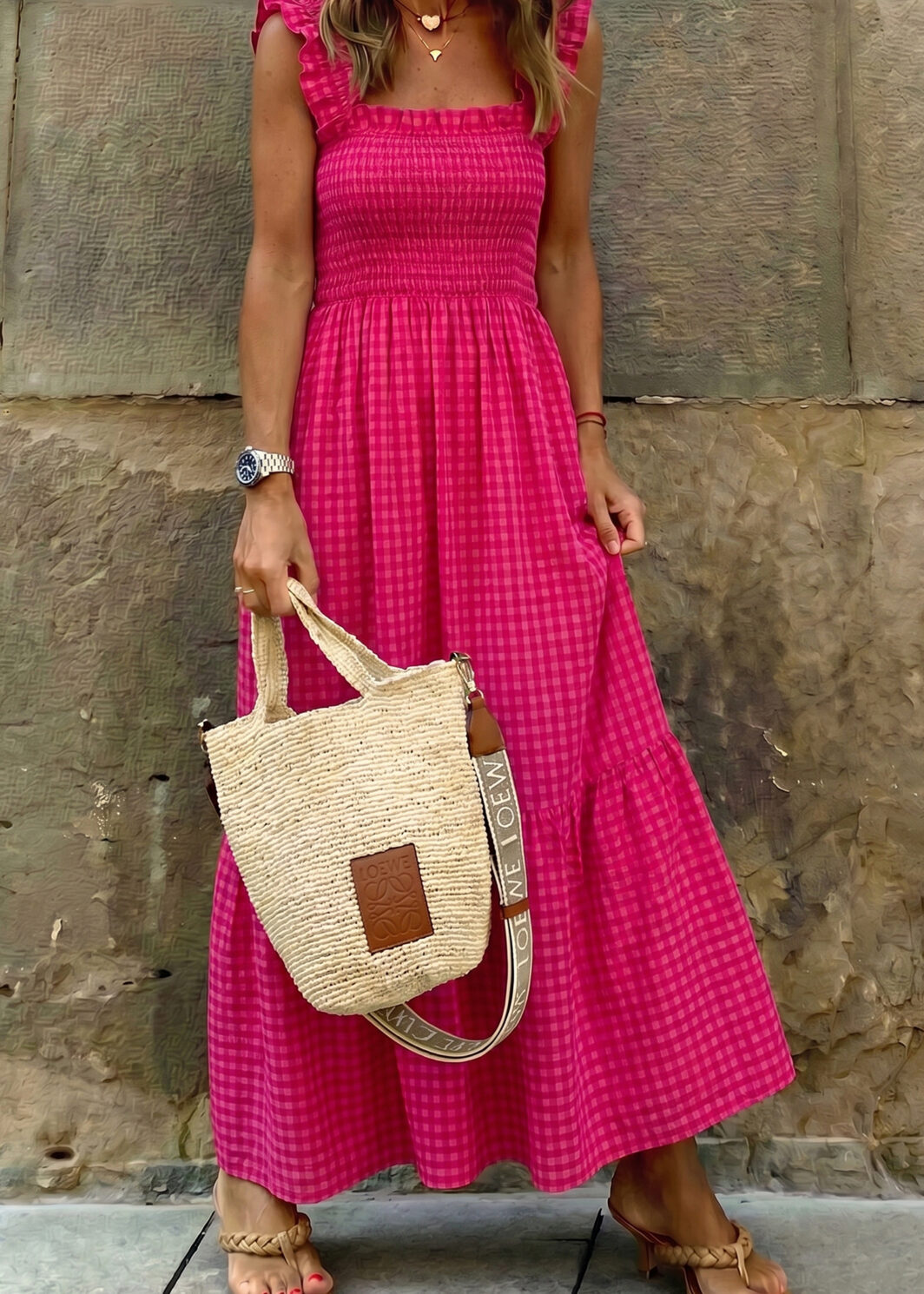 Red Plaid Square Neck Fit-and-flared Vacation Sundress