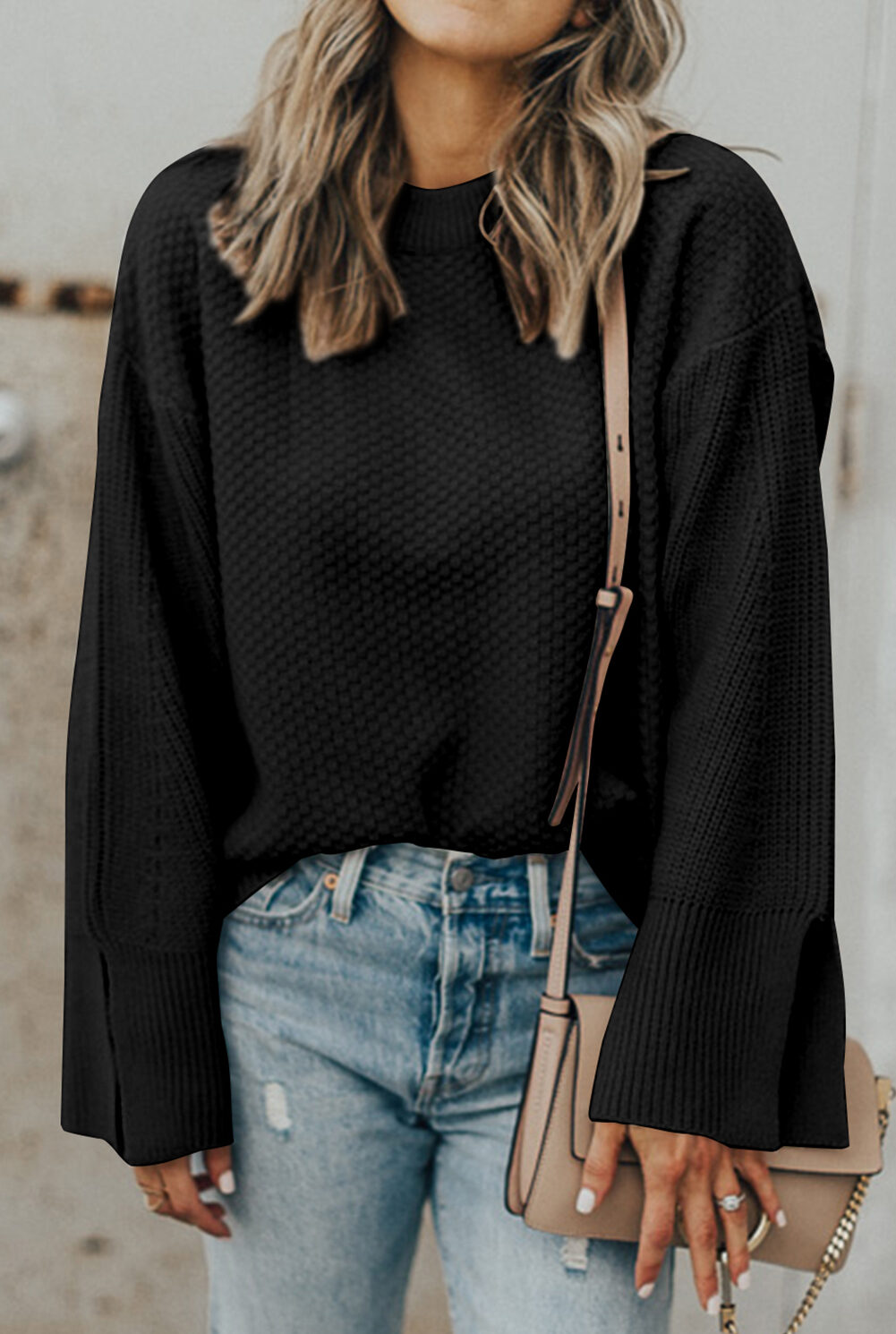 Black Solid Textured Knit Split Cuff Drop Shoulder Loose Sweater