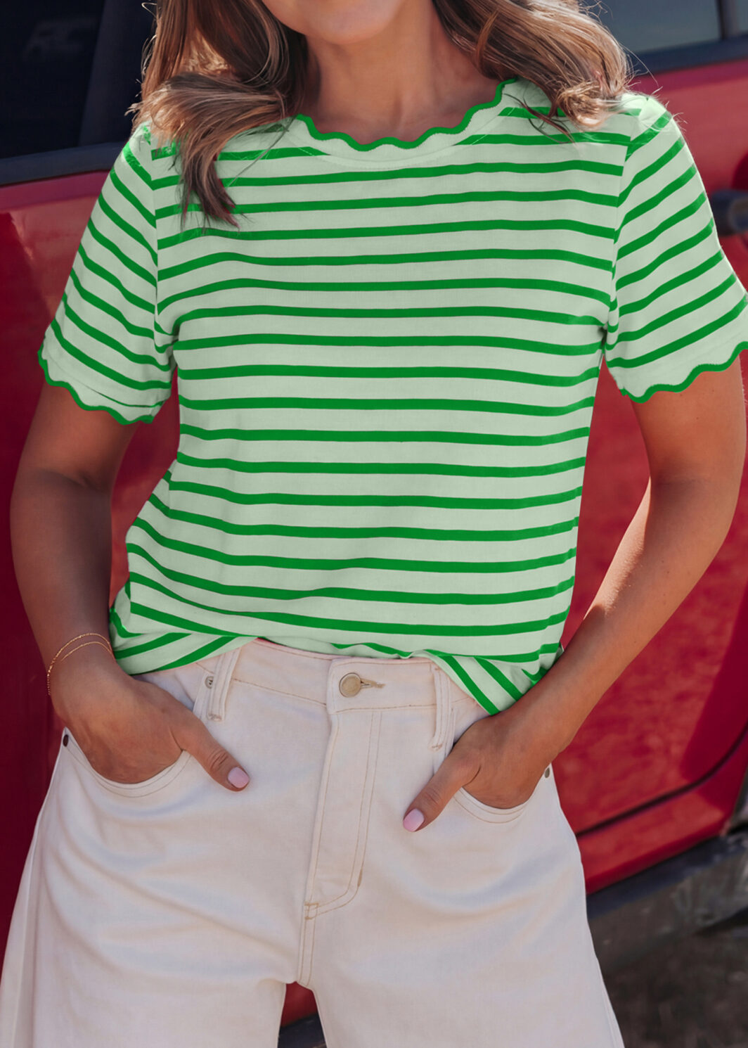 Green Stripe Scalloped Trim Round Neck T Shirt