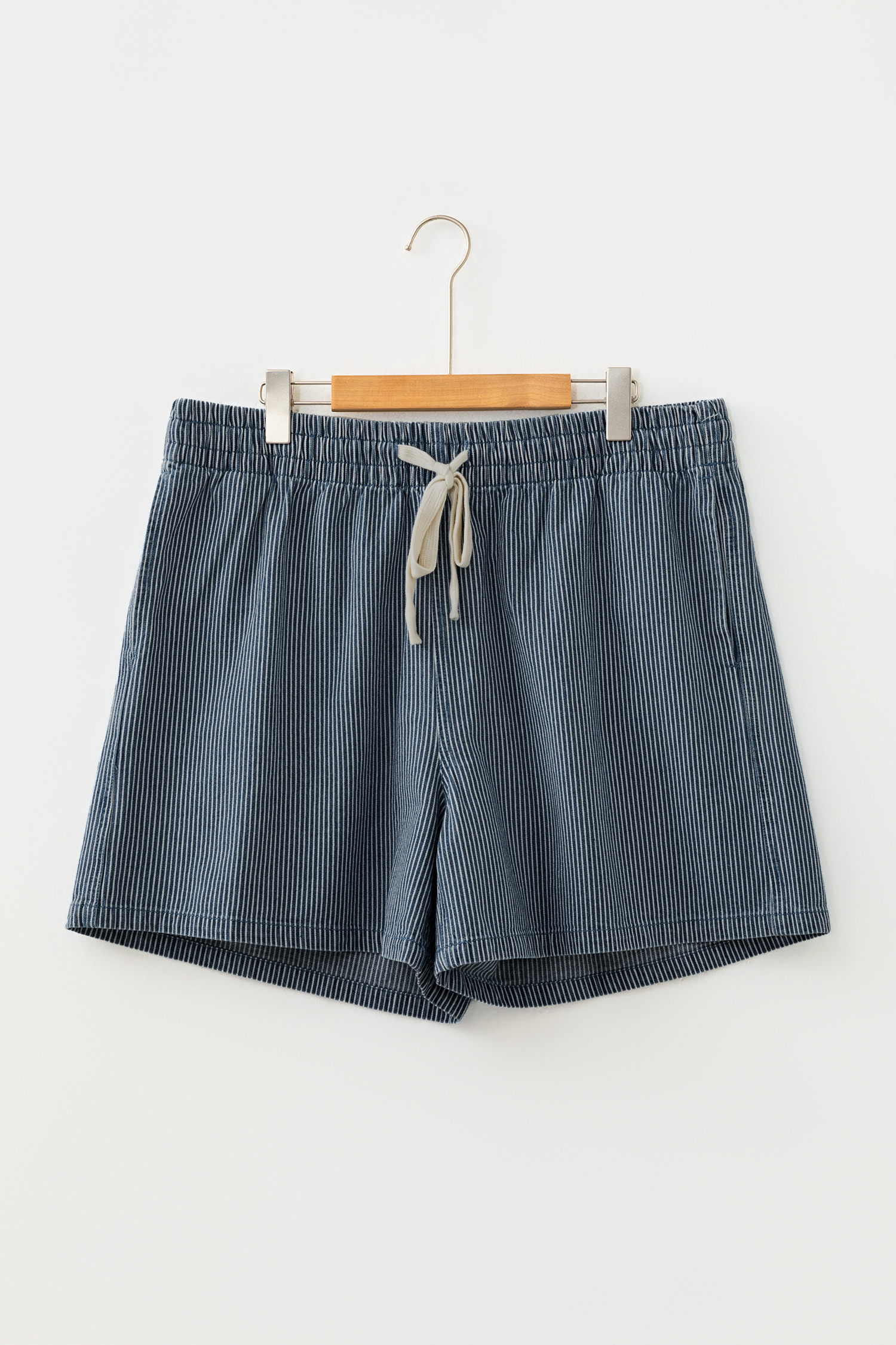 Blue Stripe Plus Size Contrast Drawstring Elastic Waist Denim Shorts