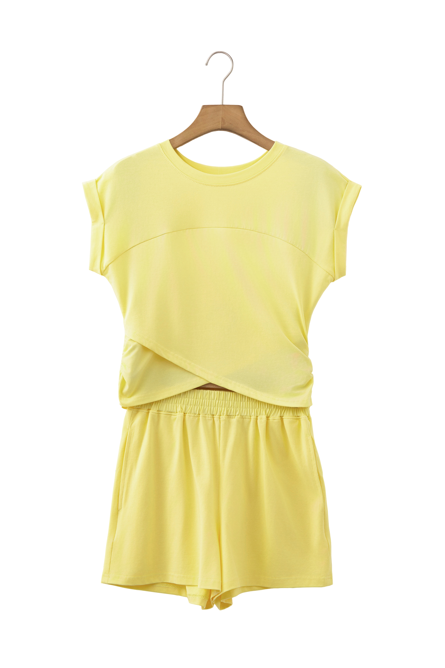 Mist Blue Solid Short Sleeve Elastic Waist Pocket Casual Two Piece Short Set