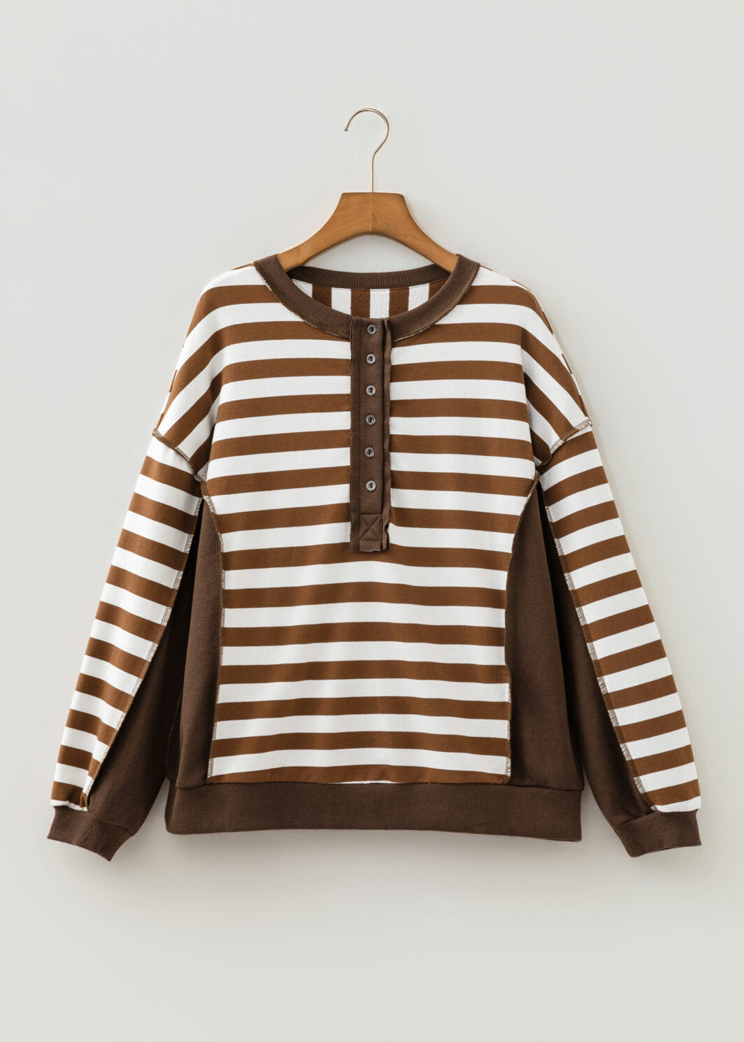 Brown Stripe Exposed Seam Color Block Patchwork Button Placket Sweatshirt