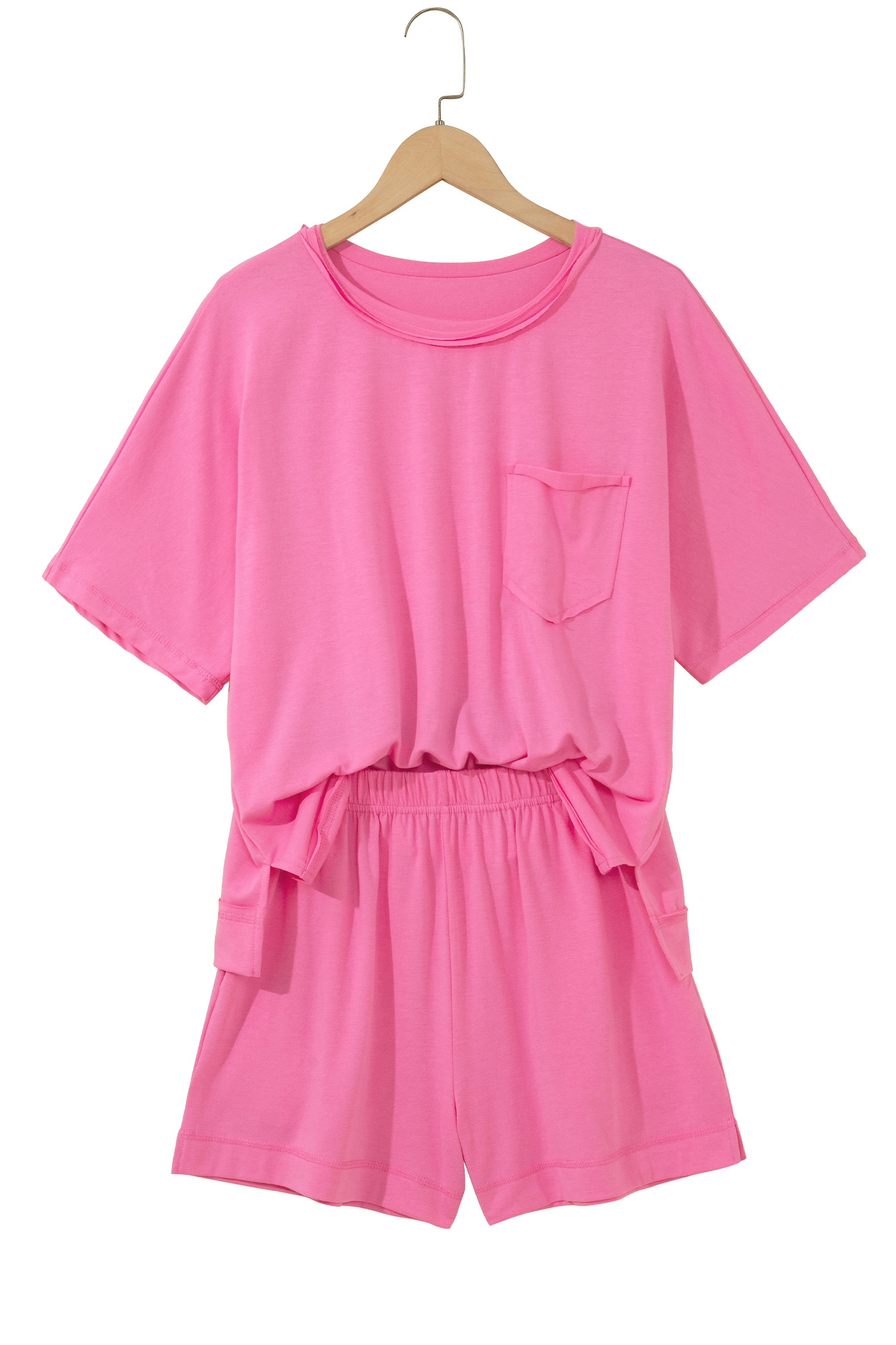 Strawberry Pink Raw Edge Patch Pocket Oversized Top and Shorts Set