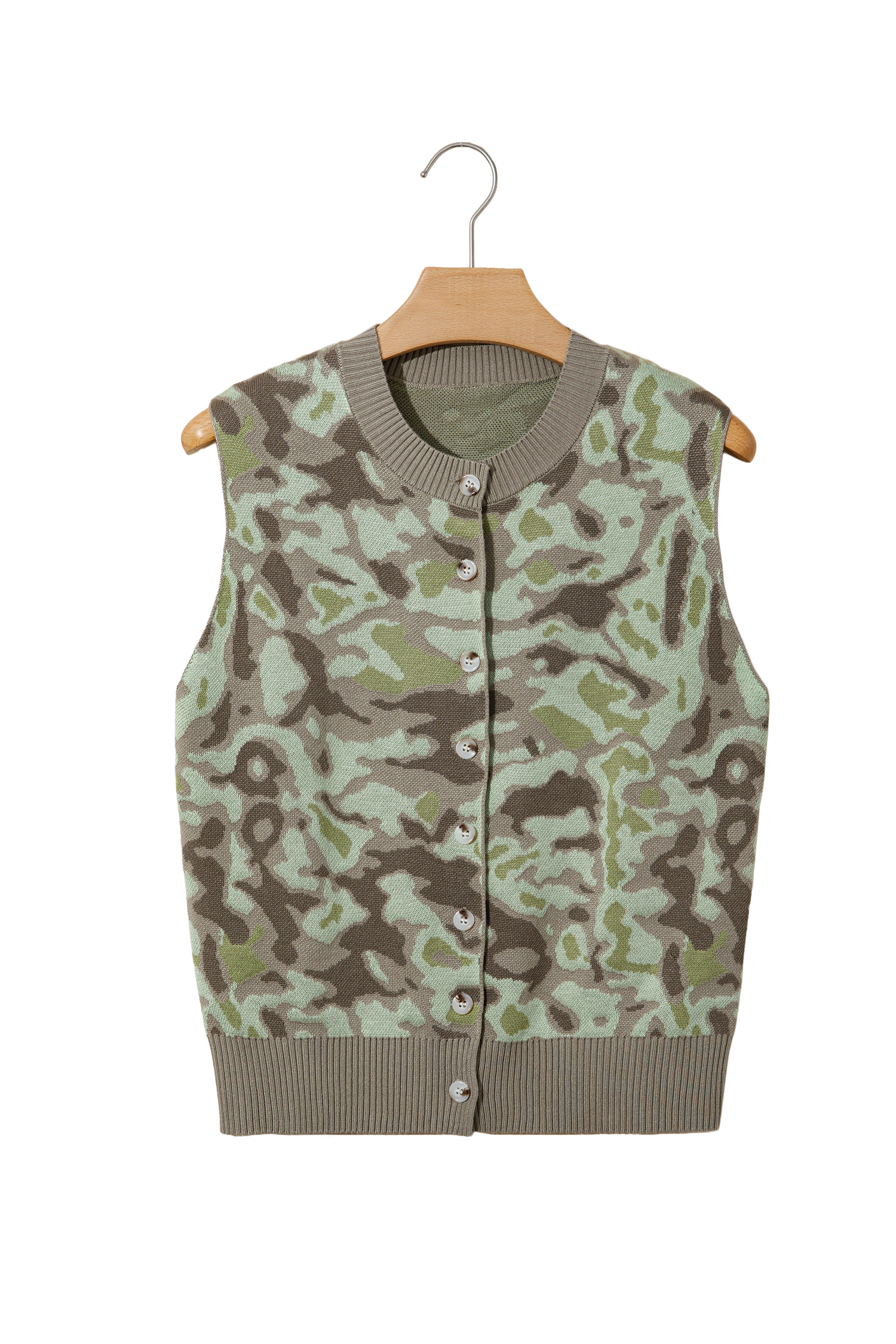 Green Camo Print Button Front Loose Sweater Vest