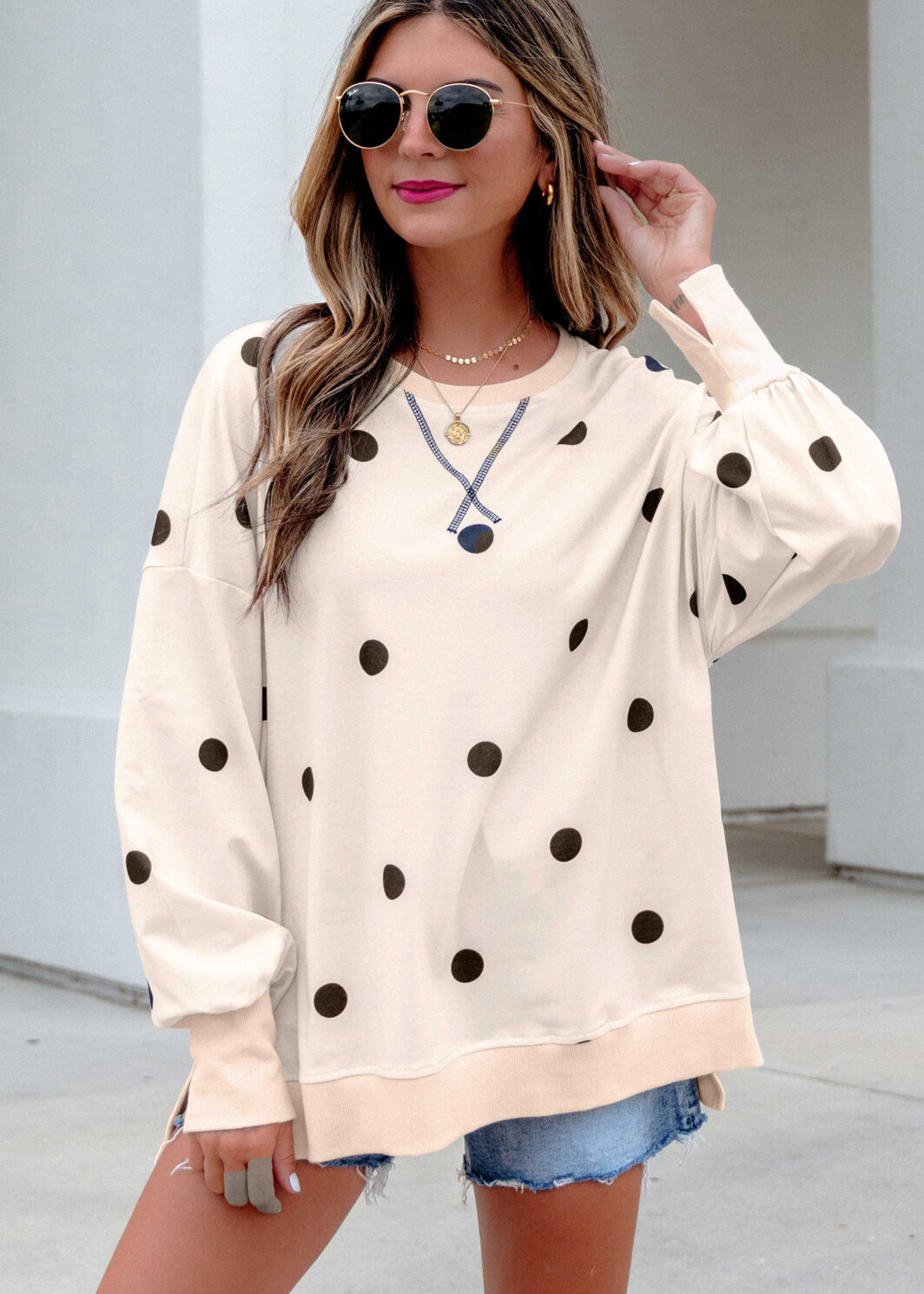 Beige Loose-fit Long Sleeve Round Neck Polka Dot Tunic Sweatshirt