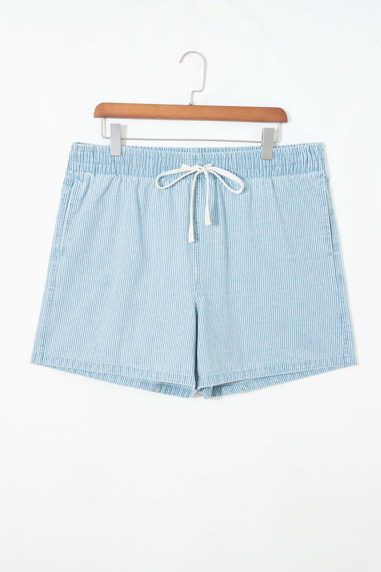 Blue Stripe Plus Size Contrast Drawstring Elastic Waist Denim Shorts